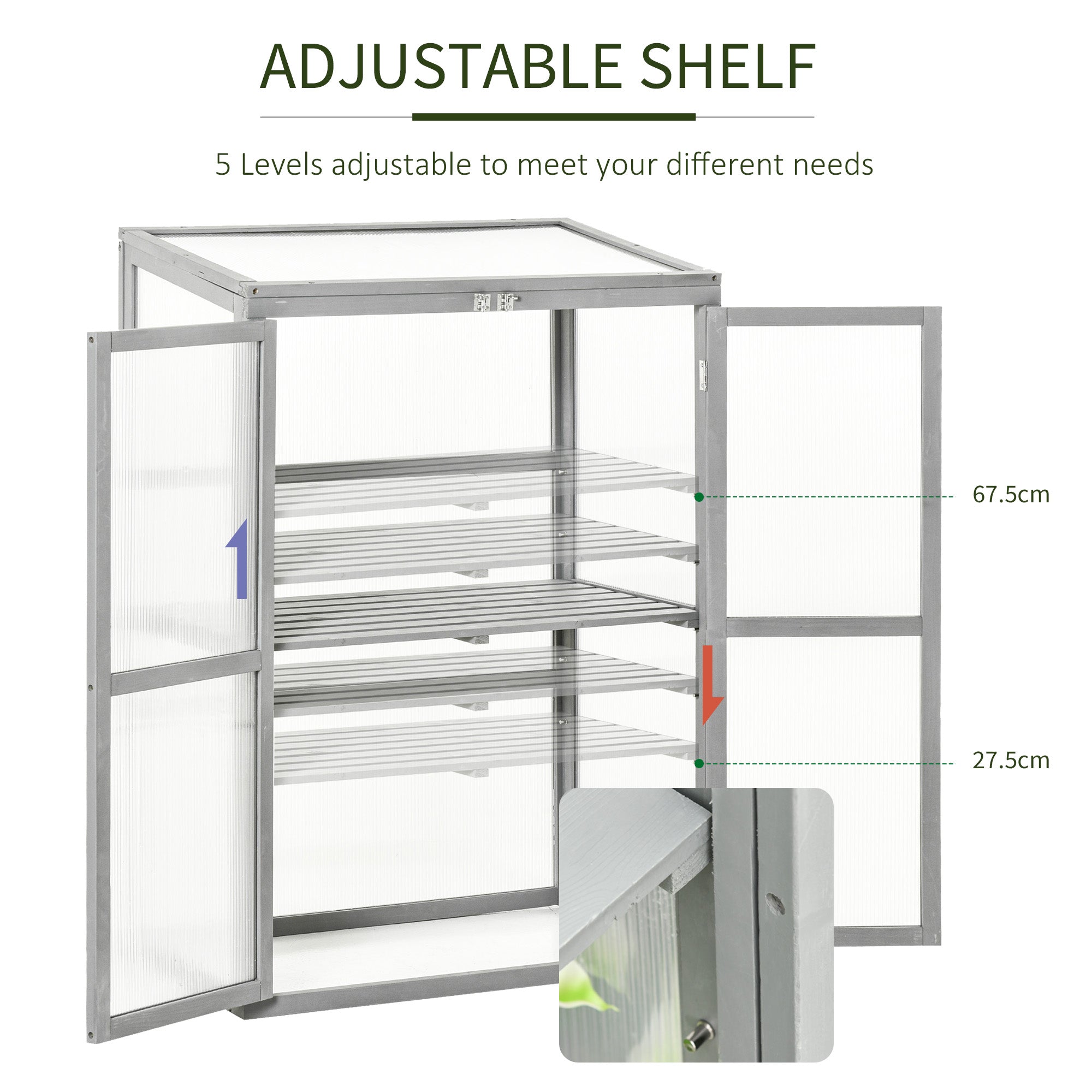 Outsunny Wooden Cold Frame Greenhouse Polycarbonate Garden Grow House for Flower Vegetable Plants with Adjustable Shelf, Double Doors, 76 x 47 x 110cm, Light Grey - North Peak Garden Furniture