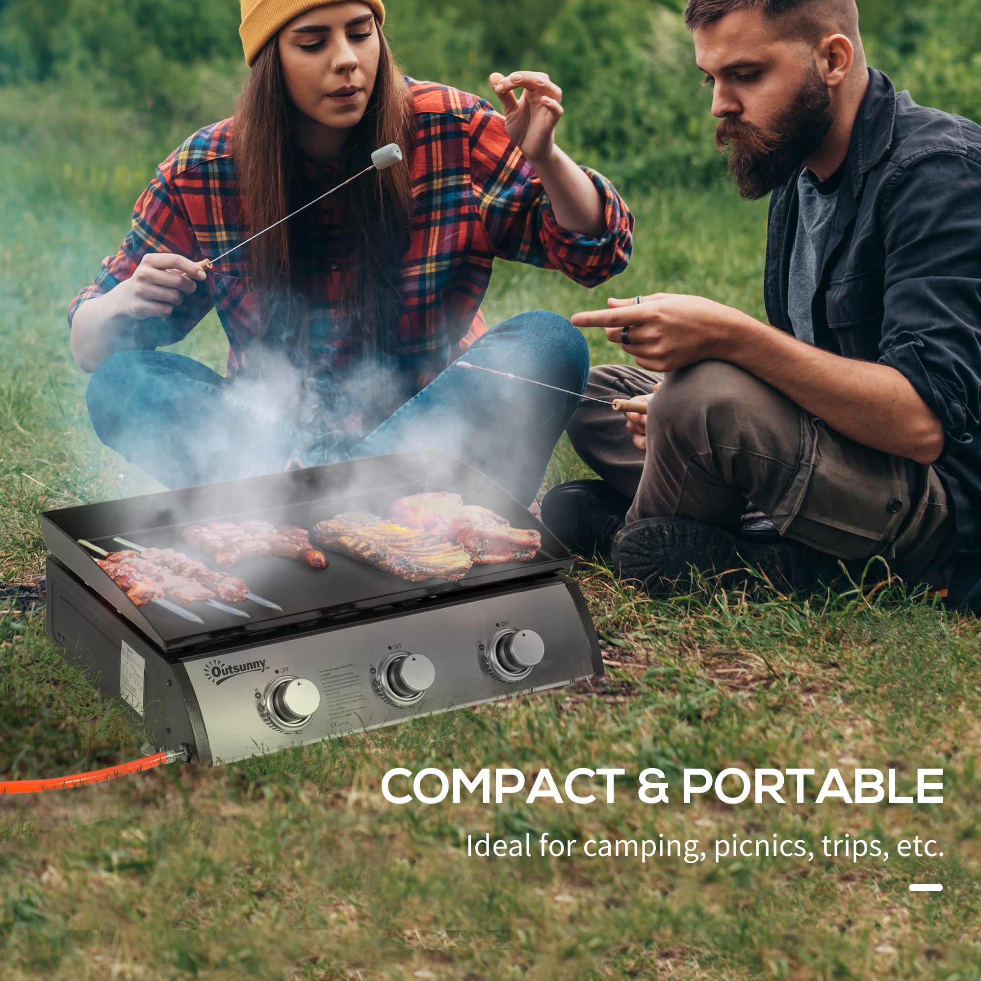 Outsunny Gas Plancha Grill with 3 Stainless Steel Burner, 9kW, Portable Tabletop Gas BBQ with Non-Stick Griddle for Camping Picnic Garden Party Festival - North Peak Garden Furniture
