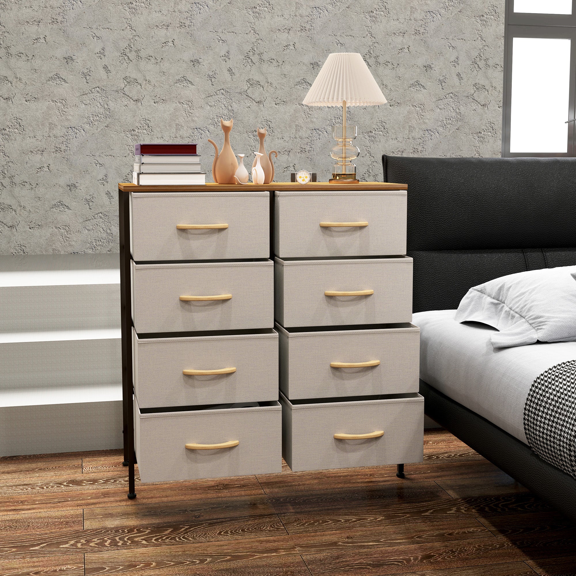 HOMCOM Fabric Chest of Drawers, Storage Drawers, Industrial Bedroom Dresser with 8 Fabric Drawers, Steel Frame and Wooden Top for Nursery, Living Room, Hallway, Cream White - North Peak Garden Furniture