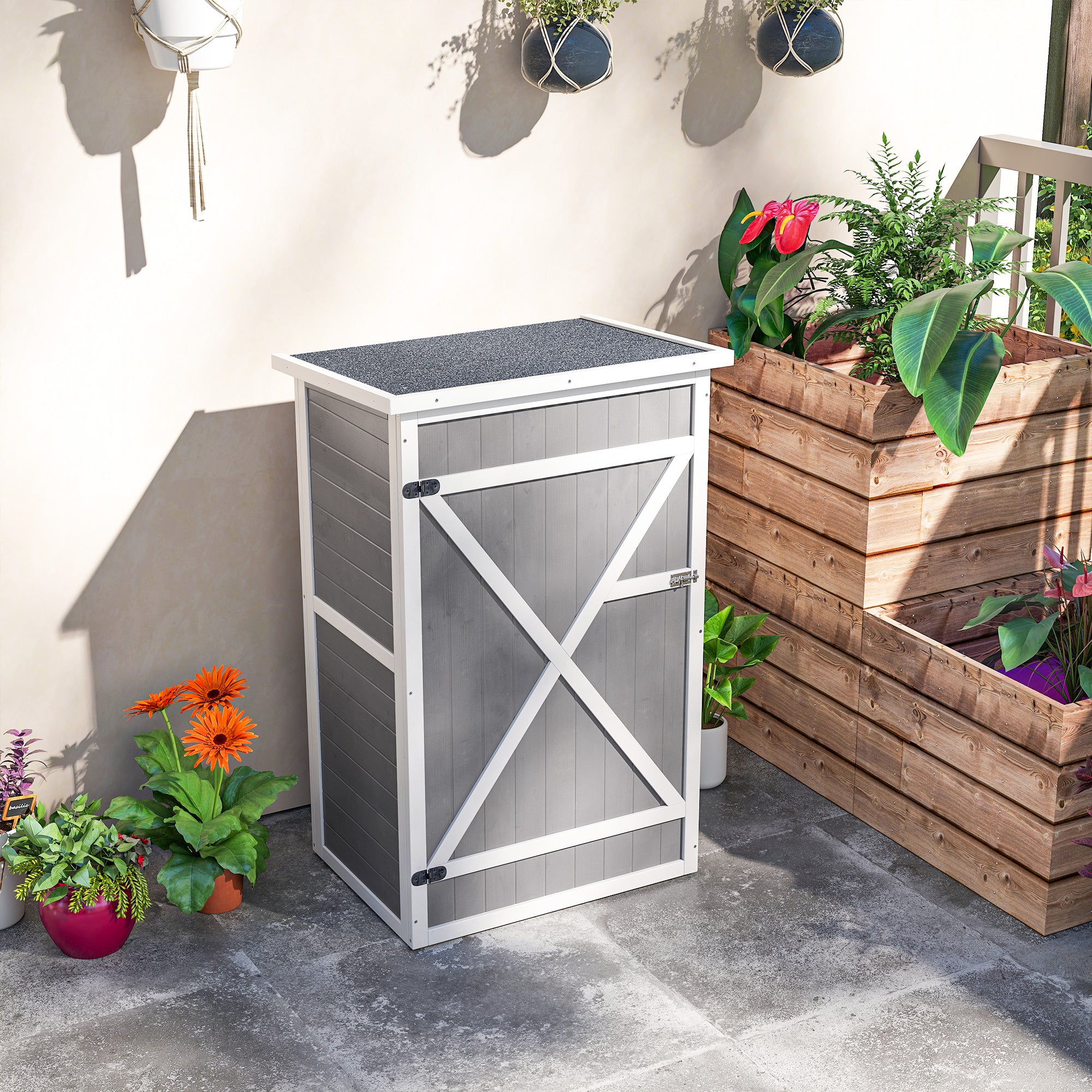 Outsunny Garden Shed Wooden Garden Storage Shed Fir Wood Tool Cabinet Organiser with Shelves 75L x 56W x115Hcm Grey