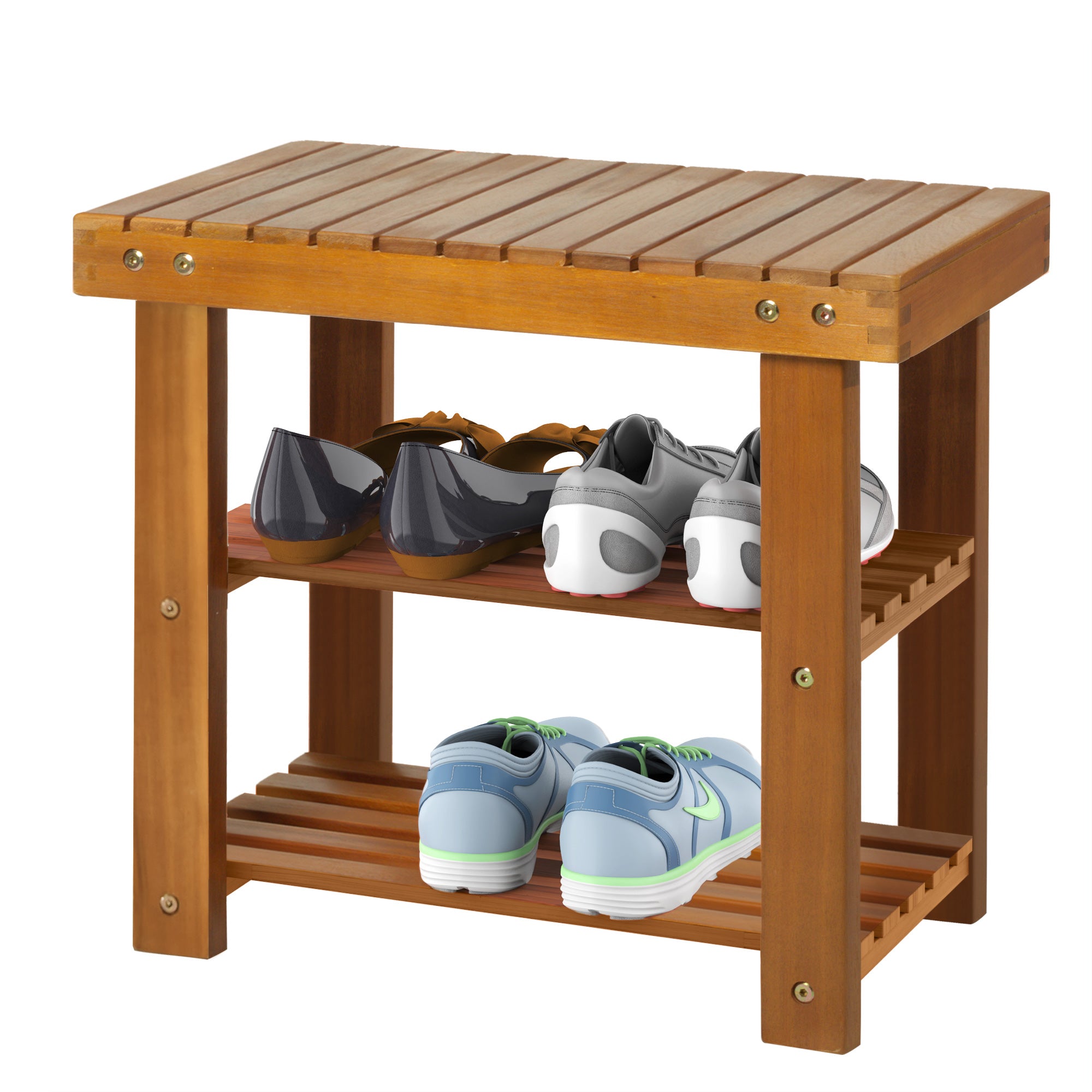 HOMCOM Acacia Wood Shoe Bench, 3-Tier Shoe Storage Rack, Hallway Organizer Shelf, for Entryway, Living Room, Bedroom, 50 x 28 x 45 cm, Teak - North Peak Garden Furniture