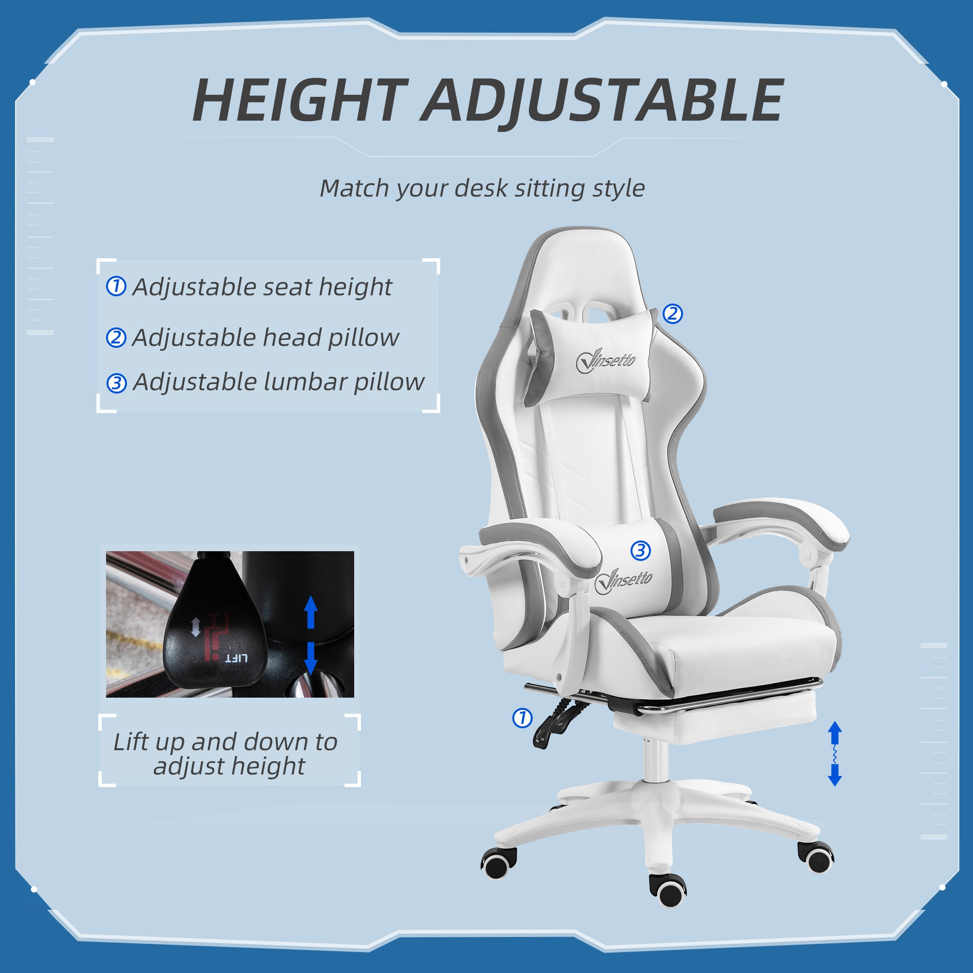 Vinsetto Computer Gaming Chair, PU Leather Desk Chair with Footrest, Swivel Task Chair with 135° Reclining Back and Lumbar Support, PC Chair for Adults, White and Grey - North Peak Garden Furniture