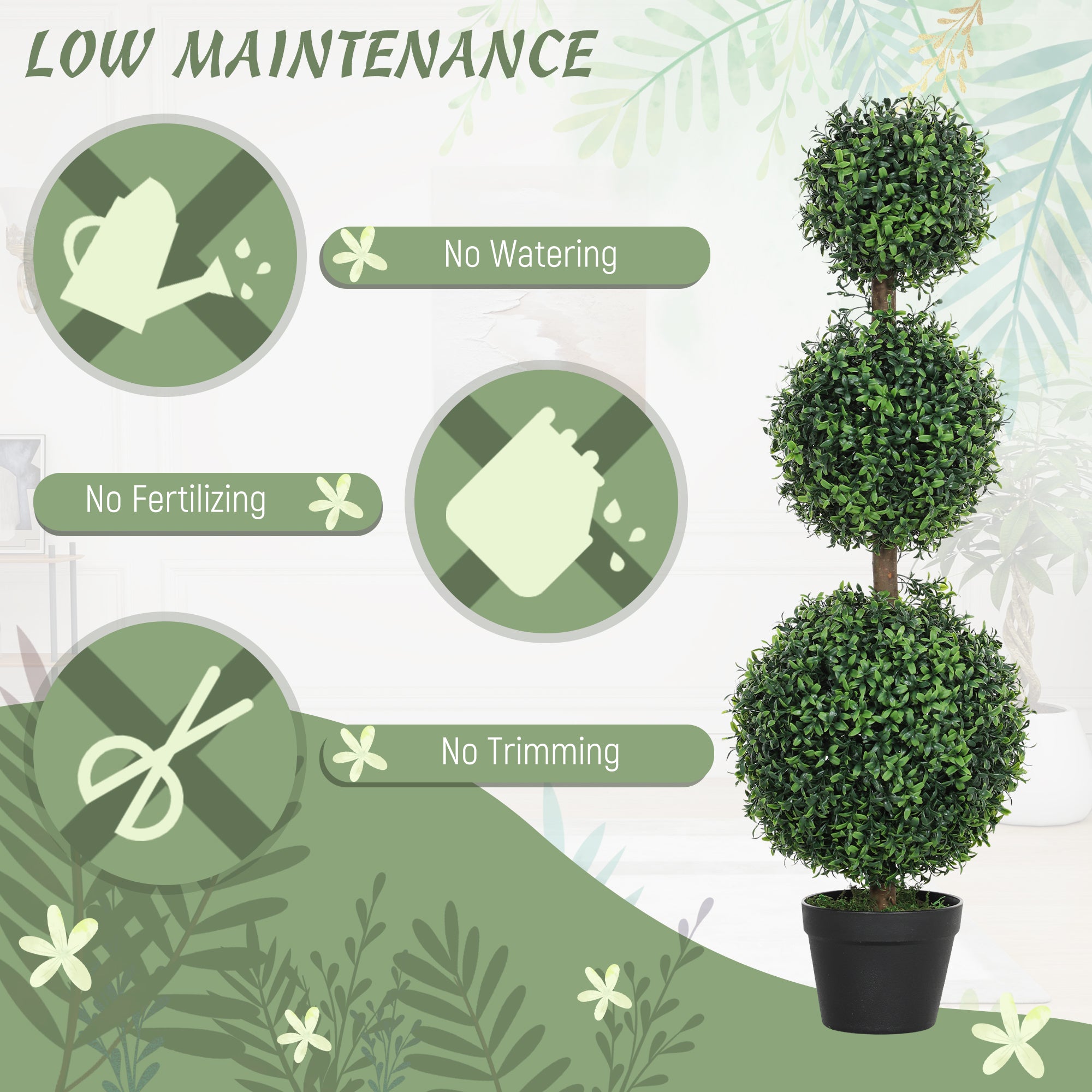 HOMCOM Set of 2 Decorative Artificial Plants, Topiary Ball-shaped Boxwood Trees in Pot, Fake Plants for Home Indoor outdoor Decor, 100cm, Green - North Peak Garden Furniture