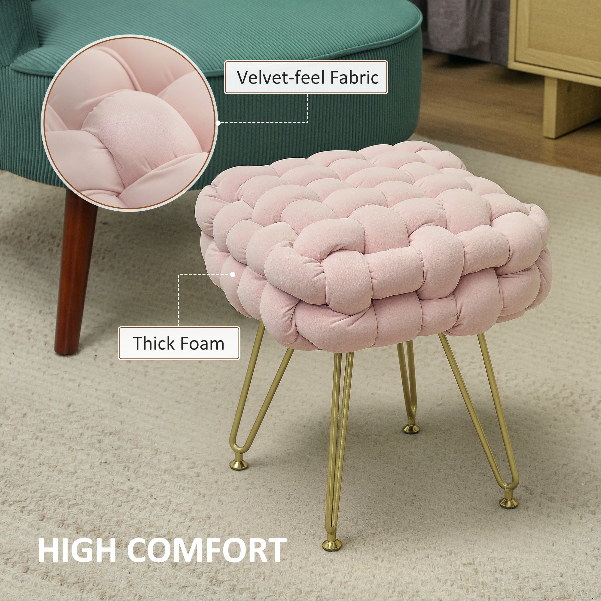 HOMCOM Velvet-Feel Bold Woven Footstool - Pink - North Peak Garden Furniture