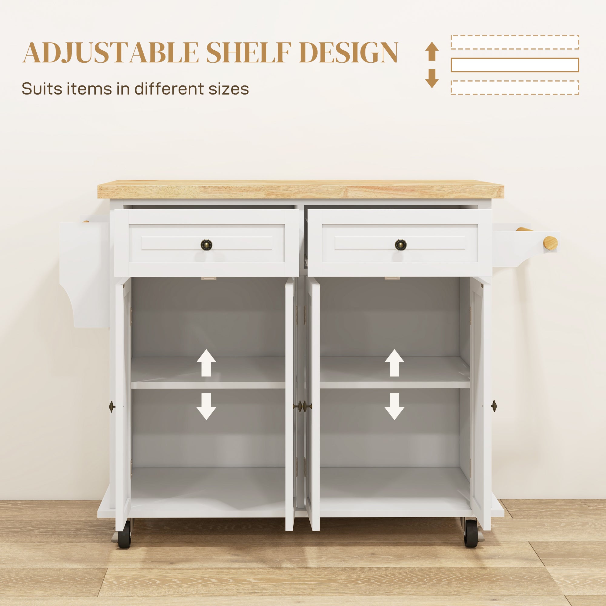 HOMCOM Rolling Kitchen Island Storage Trolley with Rubber Wood Top & Drawers for Dining Room, Cream White - North Peak Garden Furniture