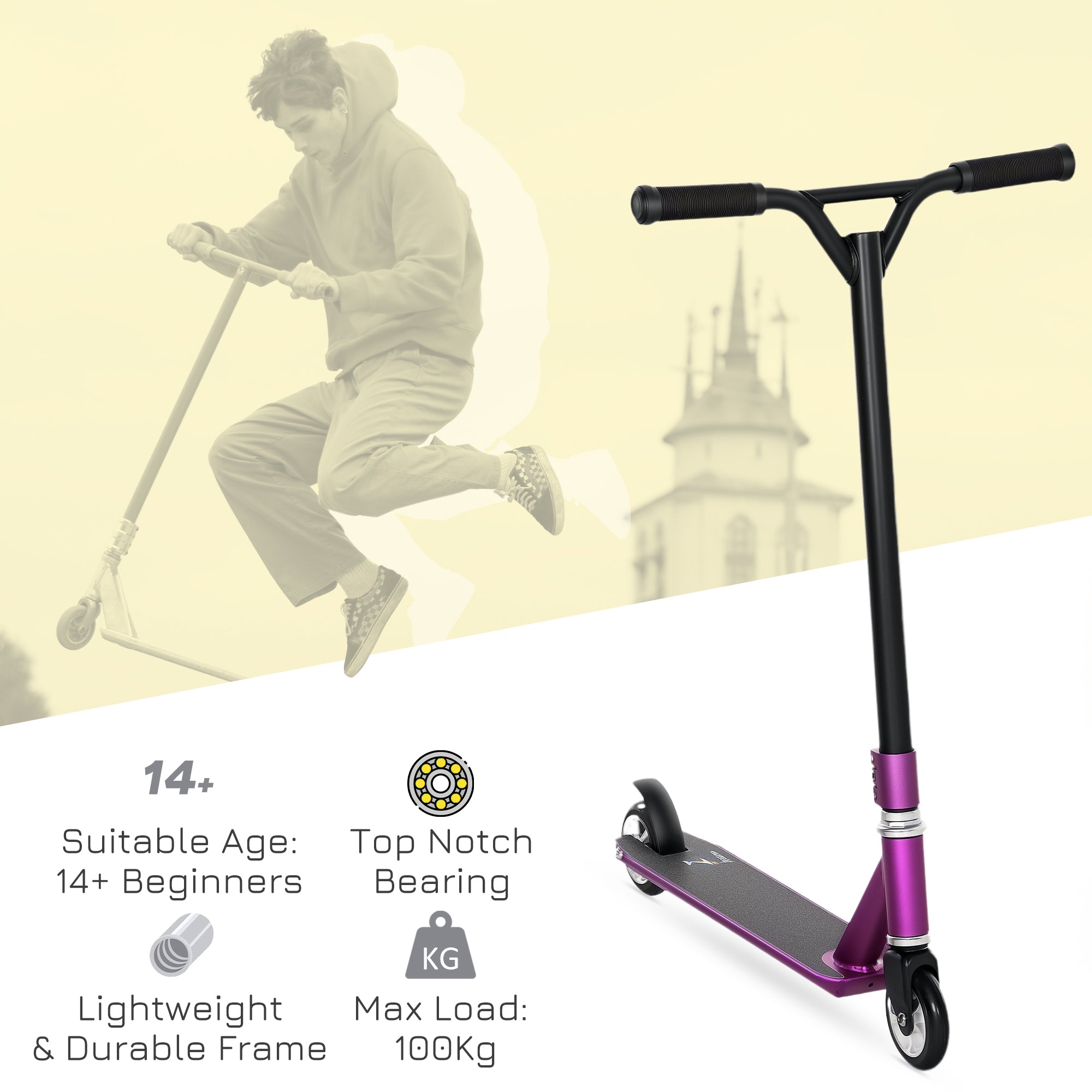HOMCOM Stunt Scooter, 360° Entry Level Tricks Scooter w/ Lightweight Aluminium Deck and ABEC 7 Bearing, For Age 14+ Beginners, Purple - North Peak Garden Furniture