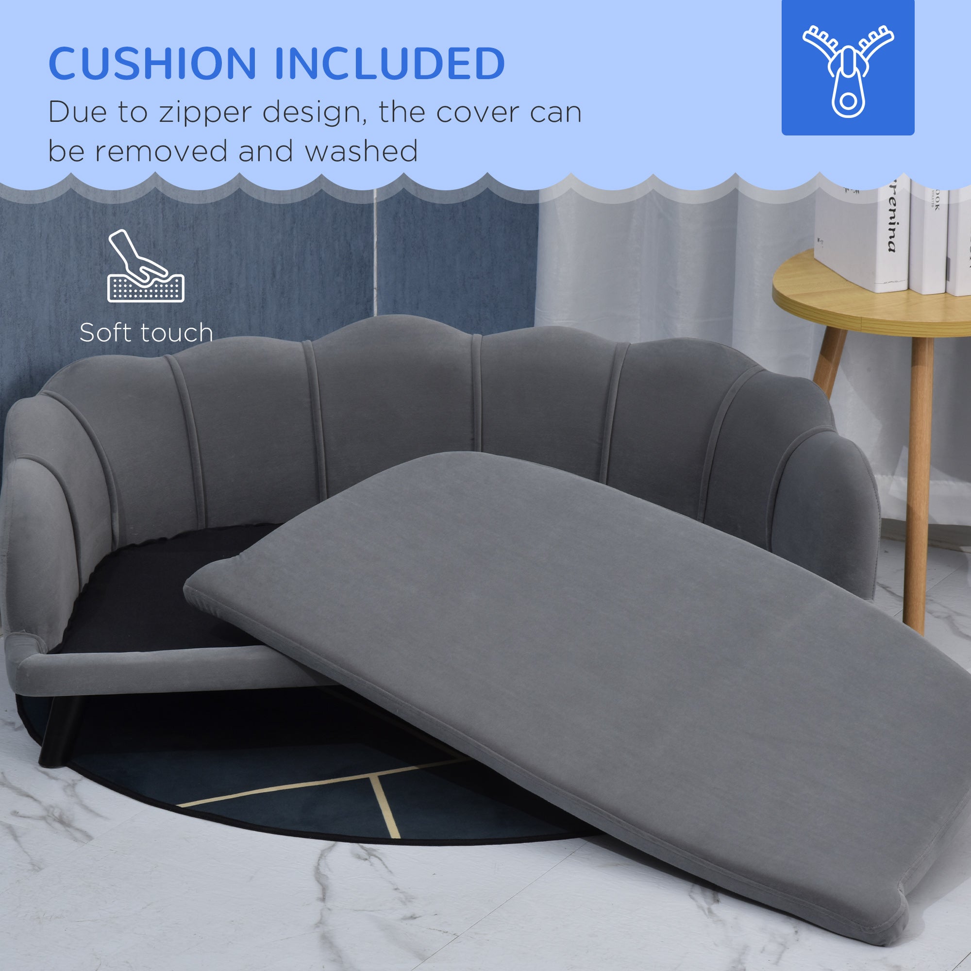 PawHut Dog Sofa, Pet Couch Bed for Medium, Large Dogs, with Legs, Cushion - Grey - North Peak Garden Furniture