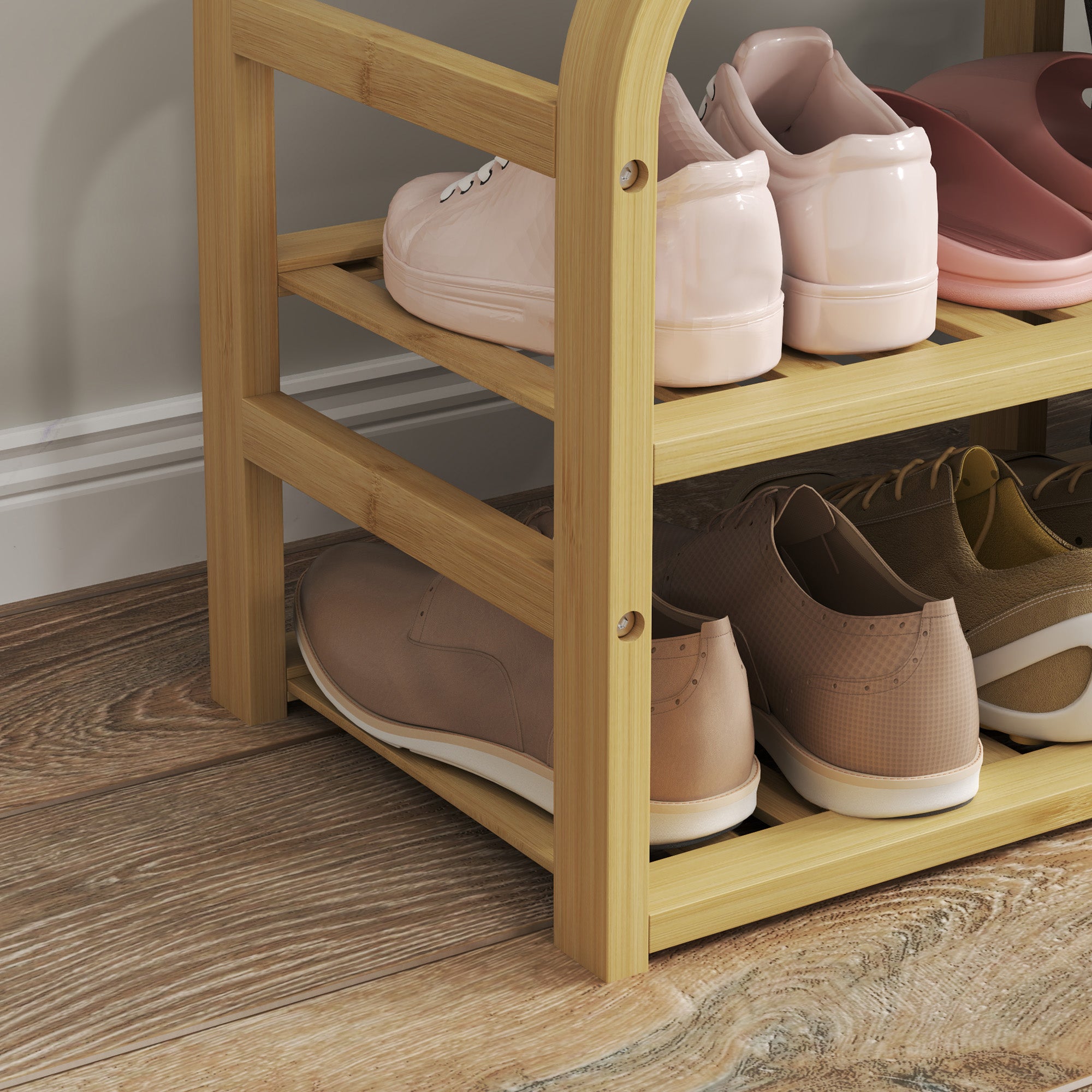 HOMCOM Bamboo Shoe Rack Bench with Padded Seat - Nature Wood Finish - North Peak Garden Furniture