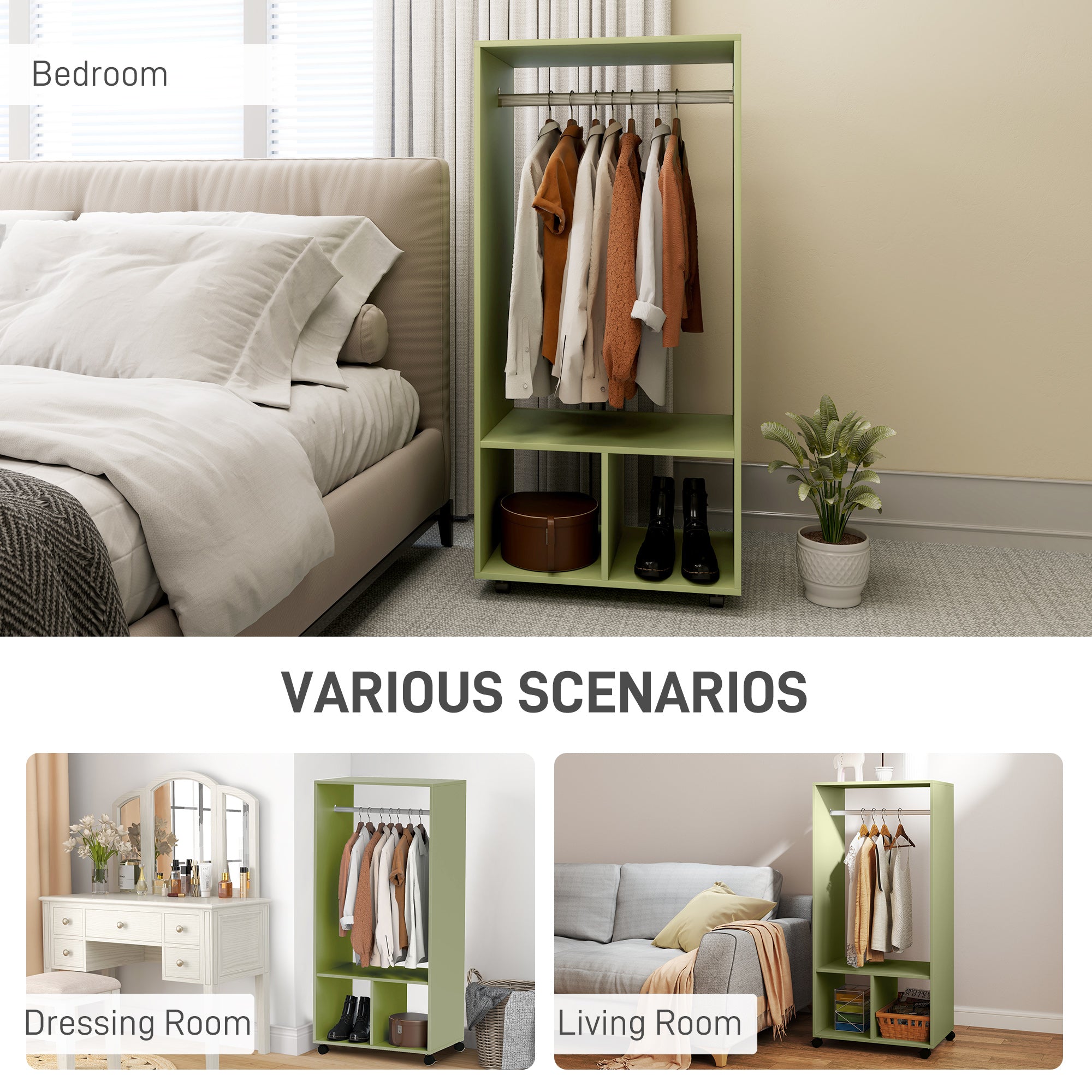 HOMCOM Open Wardrobe on Wheels, Bedroom Wardrobe with Clothes Hanging Rail, 2 Storage Shelves, Mobile Garment Rack for Cloakroom, Hallway, Green - North Peak Garden Furniture