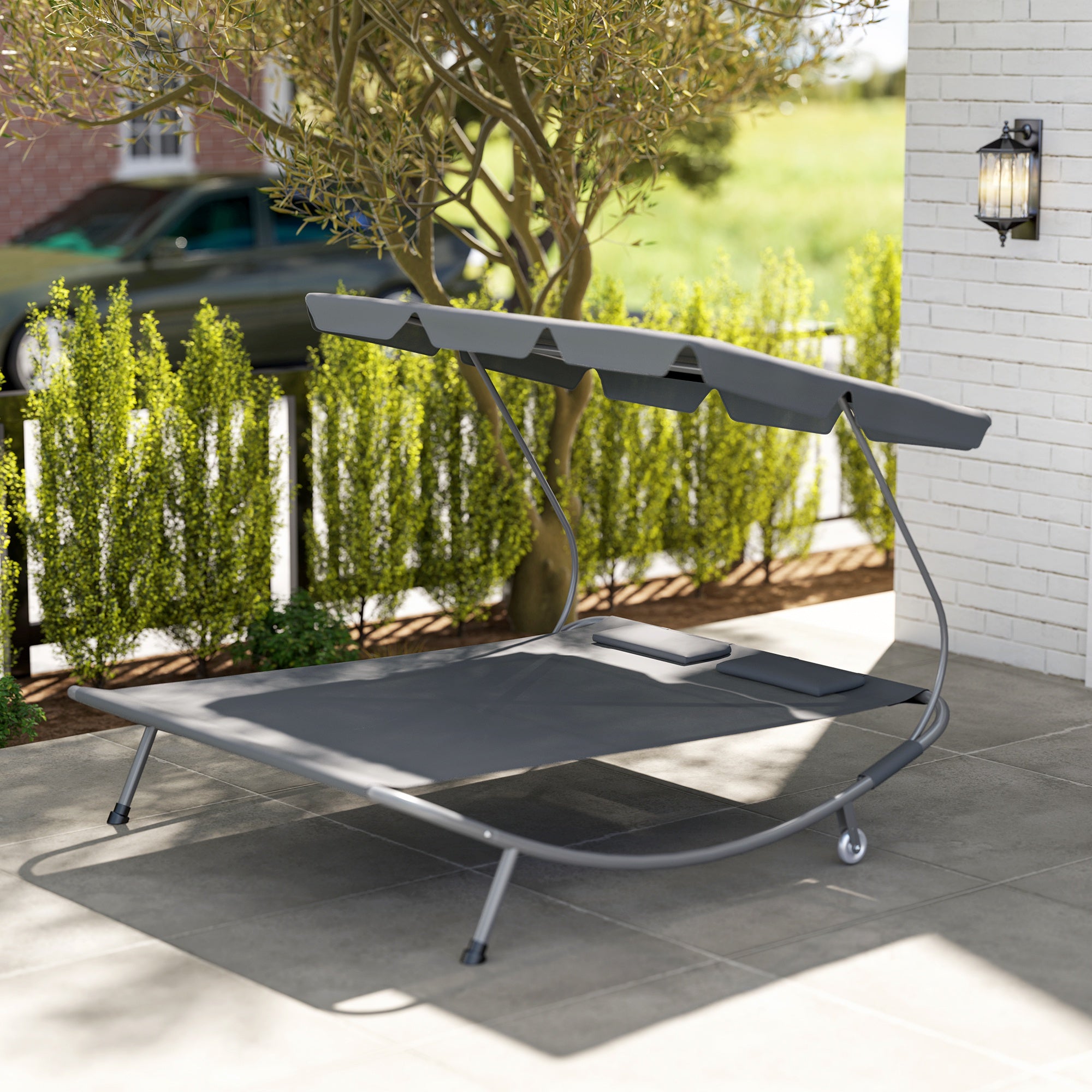 Outsunny Double Outdoor Bed, with Canopy - Light Grey - North Peak Garden Furniture
