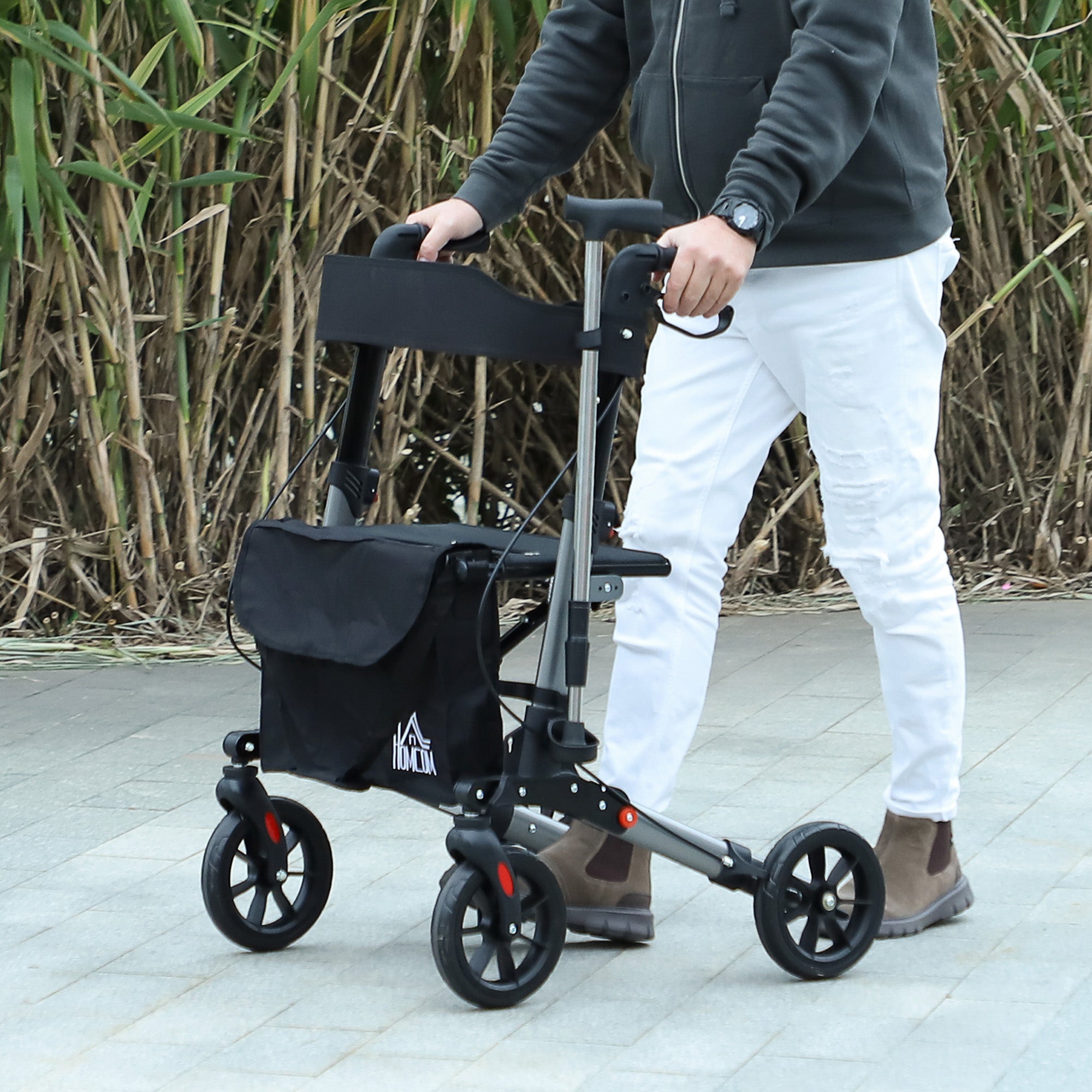 HOMCOM 4 Wheel Rollator with Seat and Back, Folding Mobility Walker with Carry Bag, Adjustable Height, Dual Brakes, Cane Holder, Lightweight Aluminium Walking Frame for Seniors and Disabled, Silver - North Peak Garden Furniture