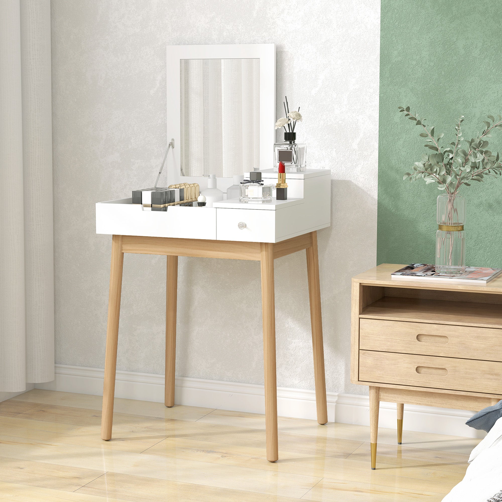 HOMCOM MDF,Pine Dressing Table Desk Flip-up Mirror Multi-purpose 2 Drawers Modern - White