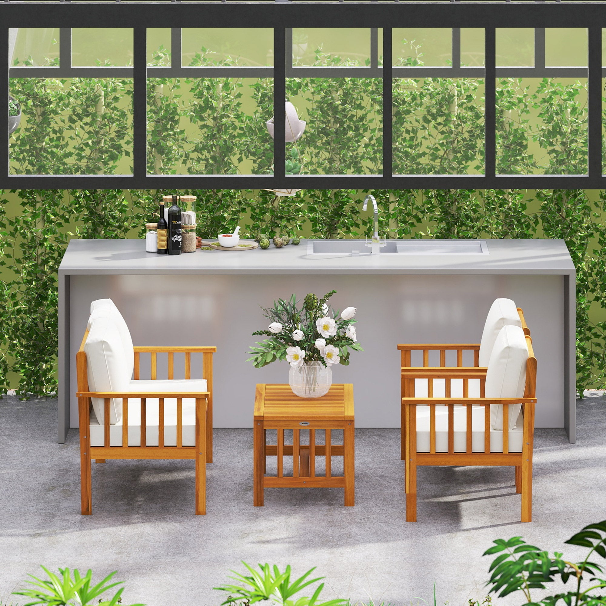 Outsunny Four-Piece Acacia Wood Garden Sofa Set - Teak/Cream - North Peak Garden Furniture