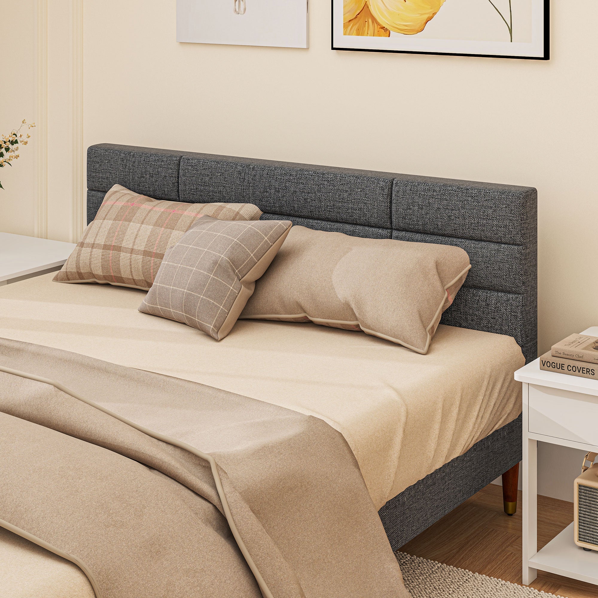 HOMCOM Upholstered King Bed Frame, with Slats - Grey - North Peak Garden Furniture