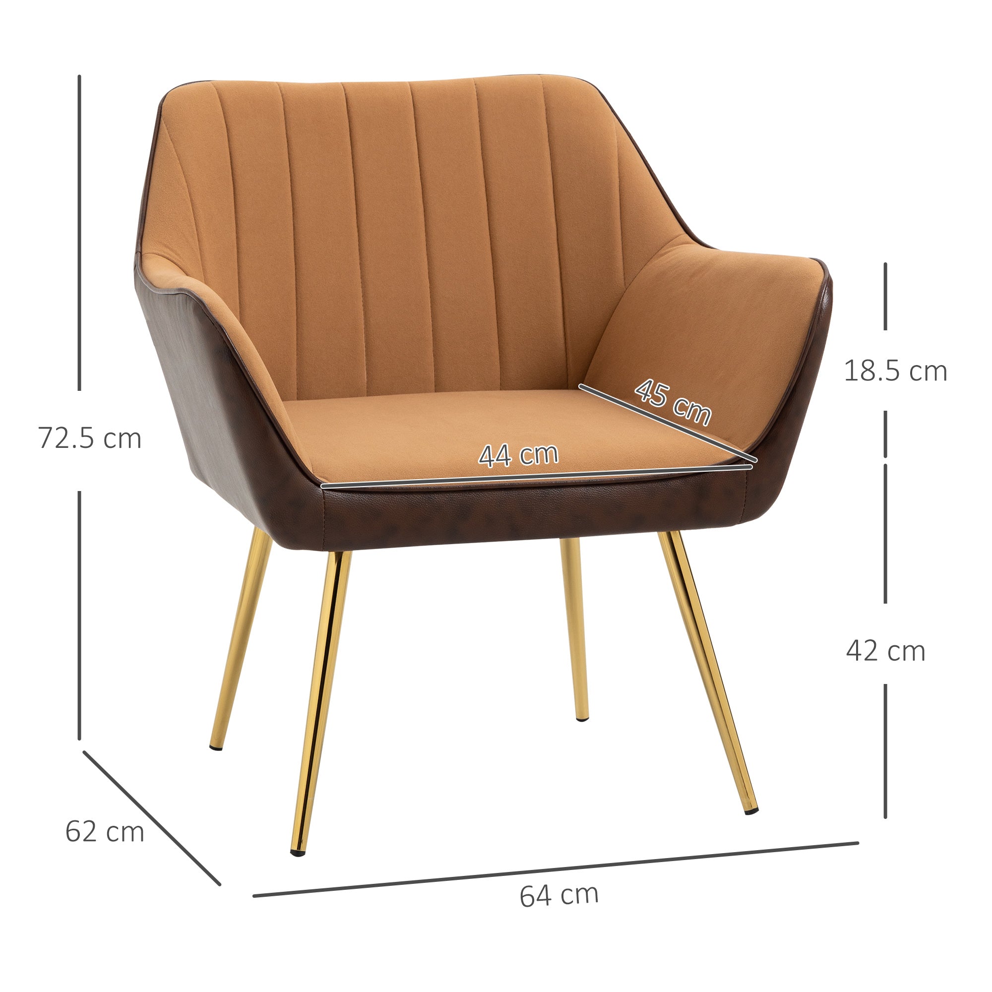HOMCOM Velvet Armchairs, Upholstered Accent Chairs with Golden Steel Legs, Modern Vanity Chairs for Living Room and Bedroom, Set of 2, Light Brown - North Peak Garden Furniture