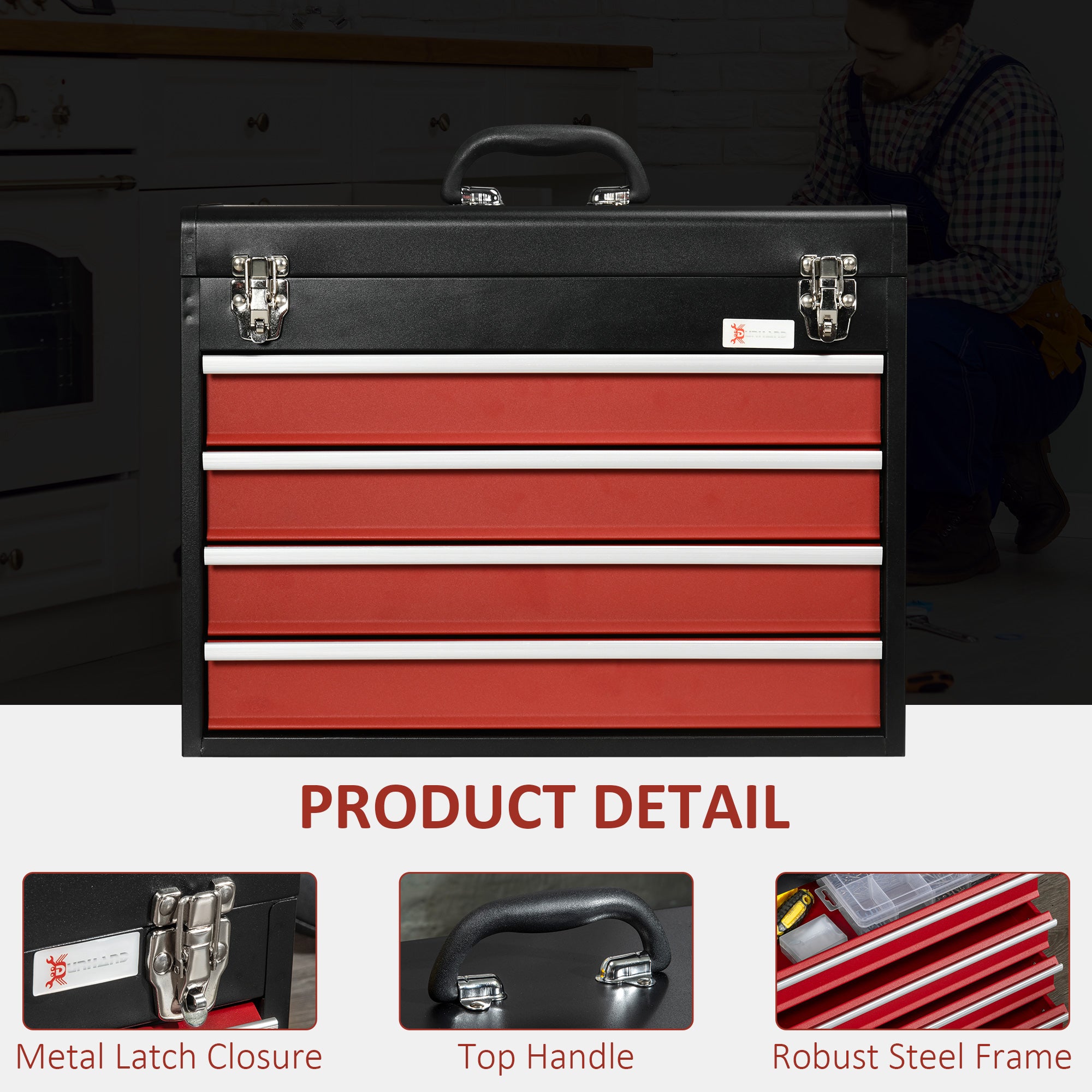 DURHAND 4 Drawer Tool Chest, Lockable Metal Tool Box with Ball Bearing Runners, Portable Toolbox, 510mm x 220mm x 395mm, Black - North Peak Garden Furniture