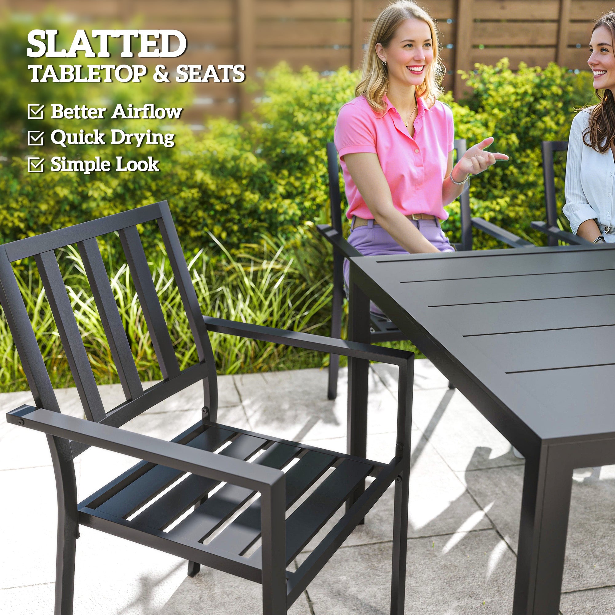 Outsunny Seven-Piece Minimal Metal Garden Dining Set, with Parasol Hole - Black - North Peak Garden Furniture