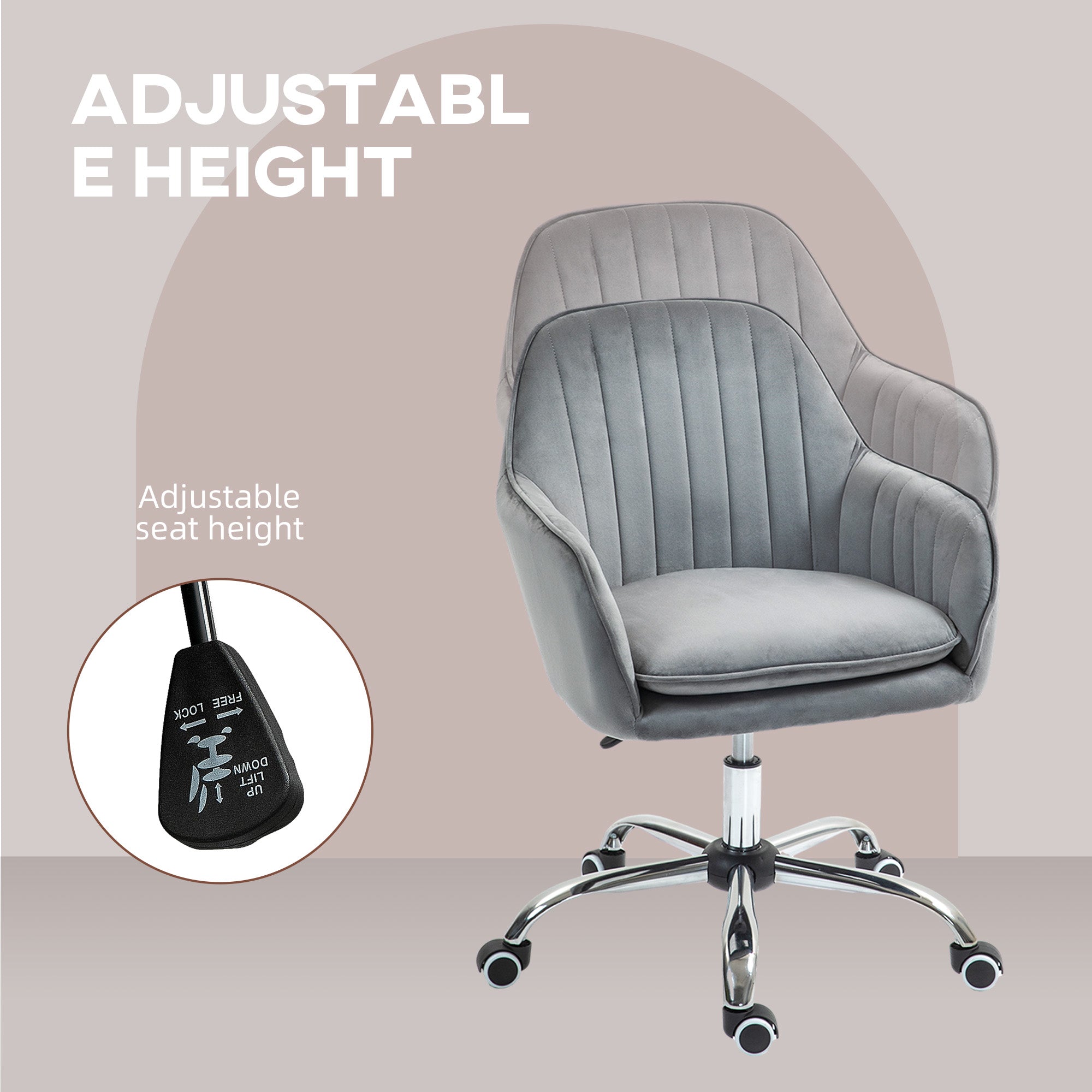 HOMCOM Office Chair, Swivel Desk Chair, Velvet-Feel Fabric Vanity Chair with Adjustable Height and Rolling Wheels for Home Work Study, Grey - North Peak Garden Furniture