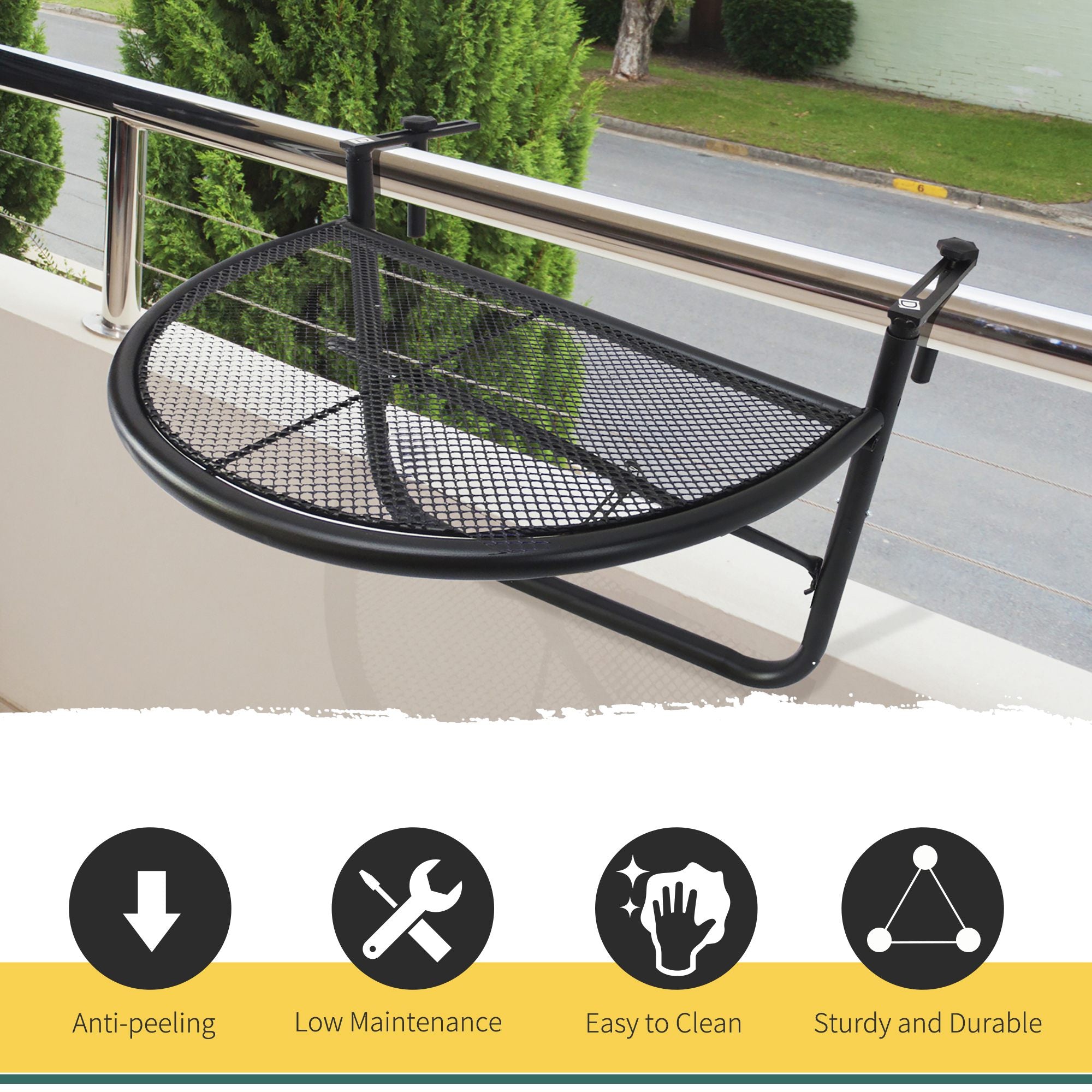 Outsunny Semi-Circular Attachable Balcony Hanging Coffee Table Adjustable Side Metal Table