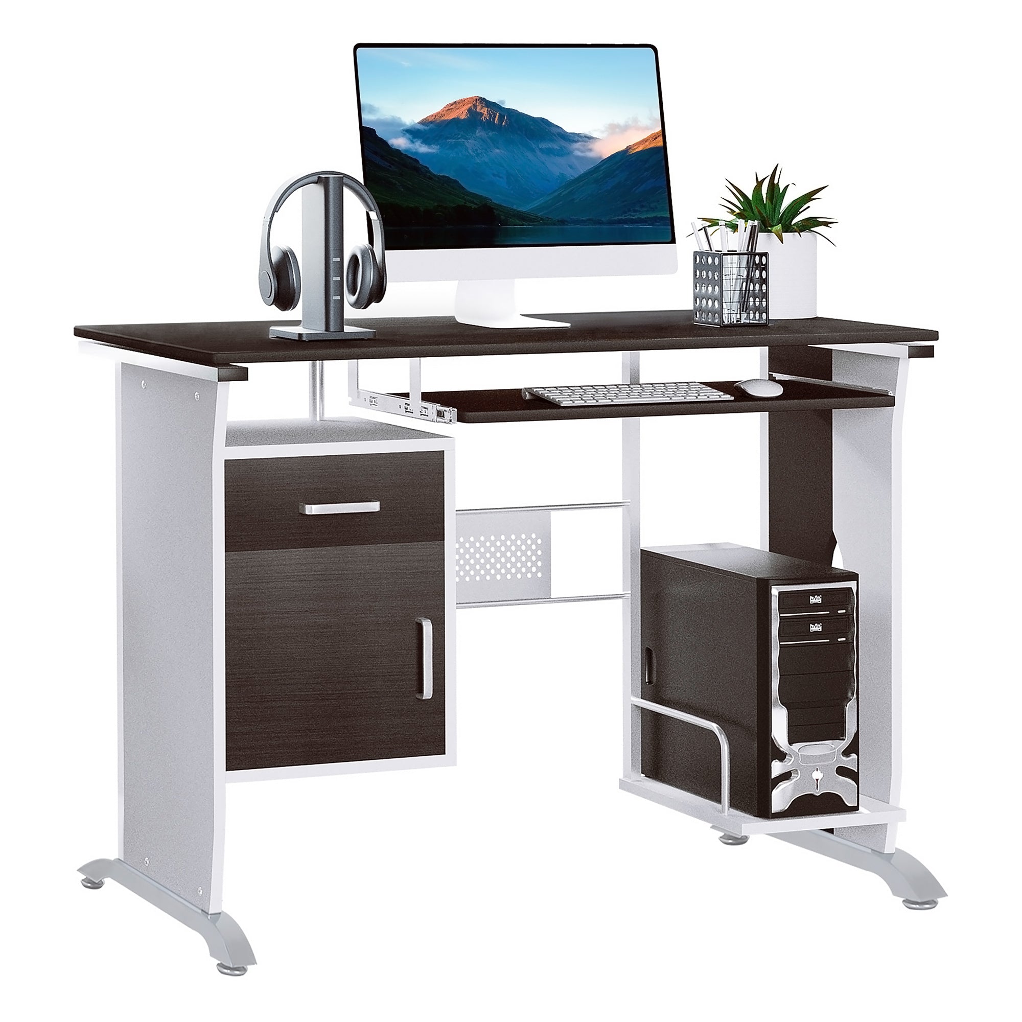 HOMCOM Computer Desk with Sliding Keyboard Tray, Storage Drawers and Host Box Shelf, Home Office Desk, Study Workstation, 100 x 52 x 75cm, Black Walnut - North Peak Garden Furniture
