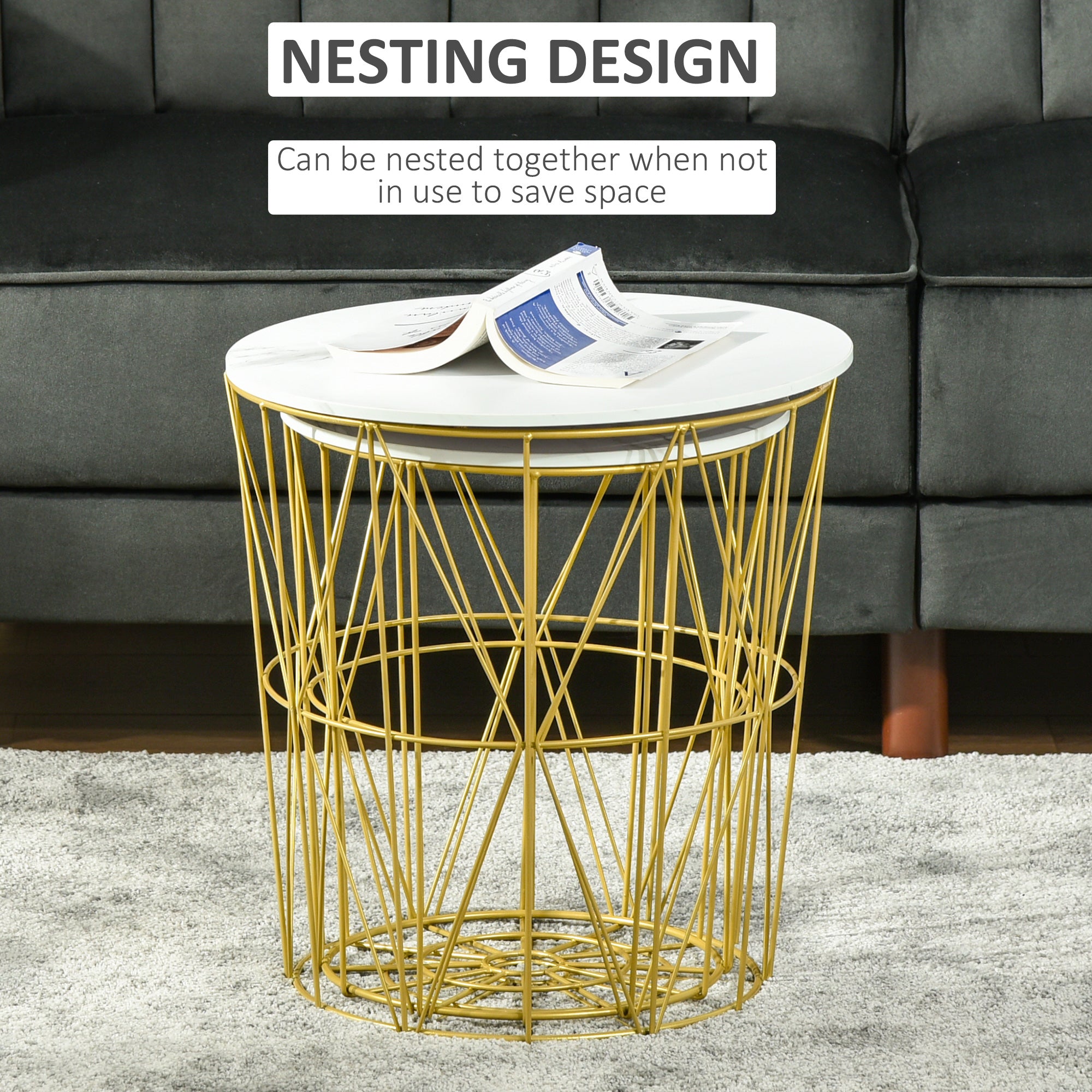 HOMCOM Set of 2 Nesting Side Tables with Storage, Round End Tables Coffee Tables with Steel Frame and Removable Round Top, for Living Room, bedroom, office, White - North Peak Garden Furniture
