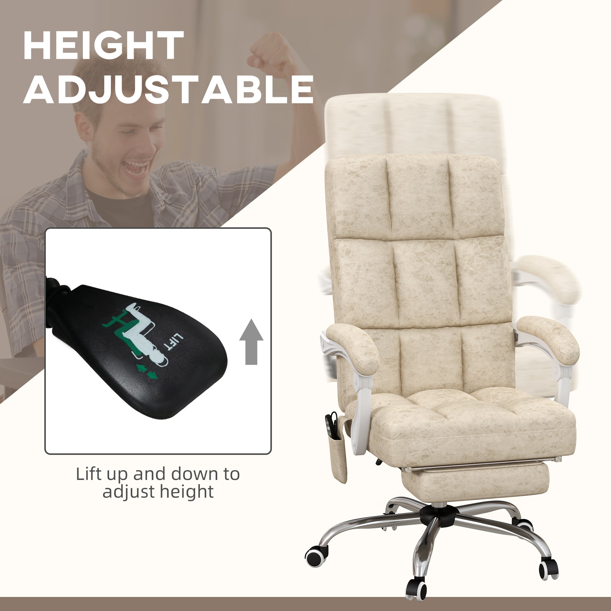 Vinsetto Massage Office Chair, Ergonomic Desk Chair, Comfy Work Study Chair with Heat, Padded Seat, 135° Reclining Back and Footrest for Home Office, Beige - North Peak Garden Furniture