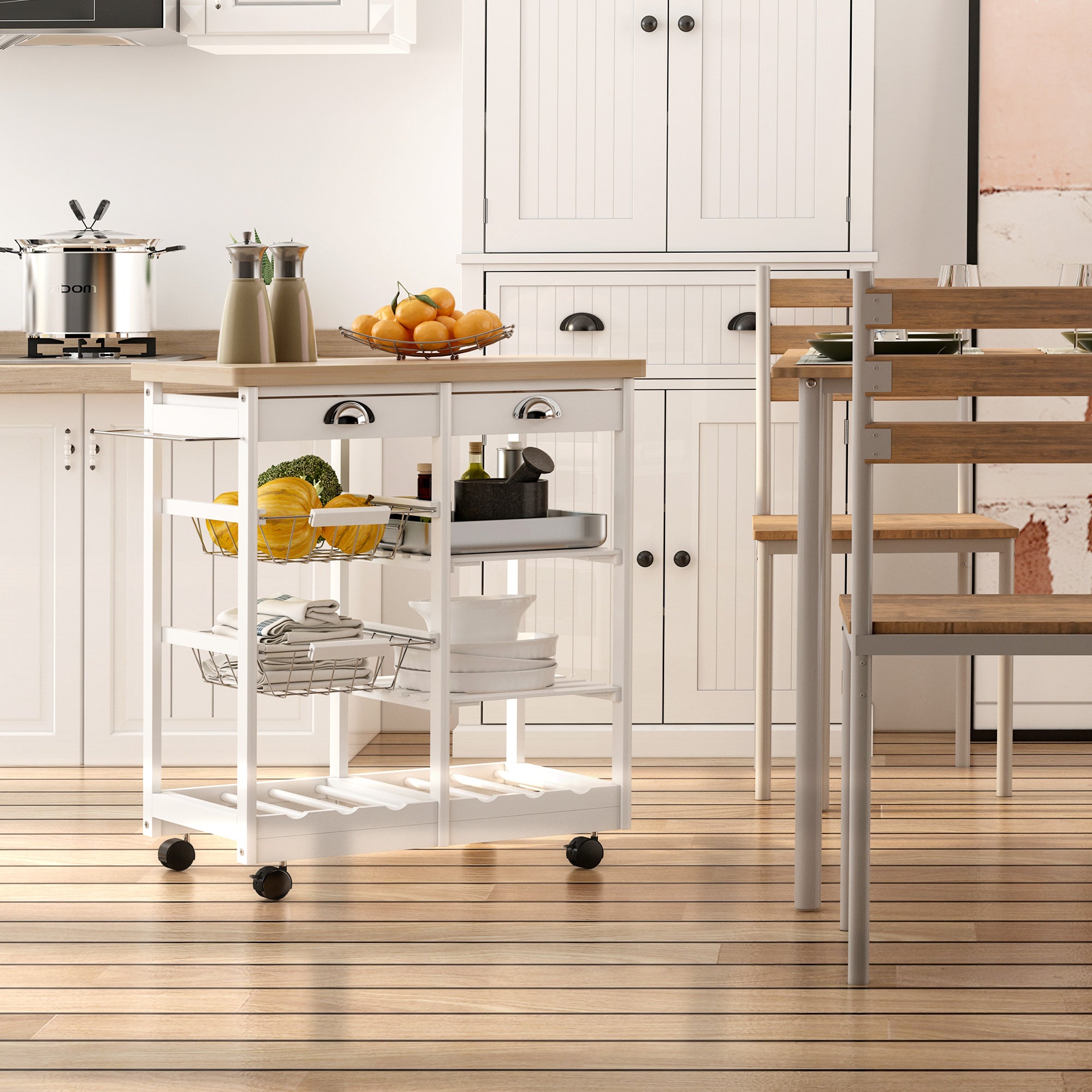 HOMCOM Rolling Kitchen Island Trolley Cart Drawer Shelves Basket Wheels W/ 6 Bottle Wine Rack White - North Peak Garden Furniture