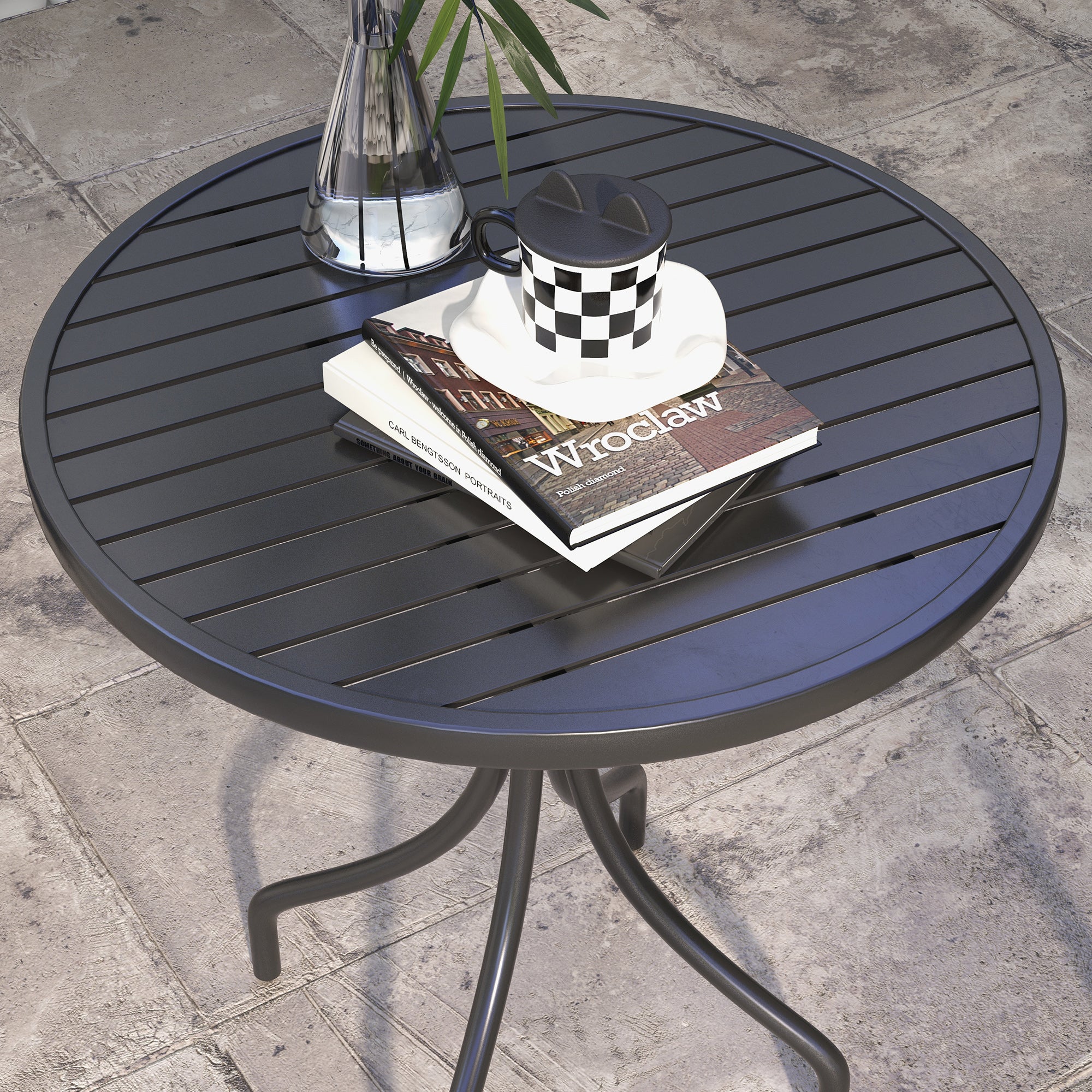 Outsunny 66cm Patio Table, Round Garden Table, Outdoor Side Table with Steel Frame and Slat Tabletop, Black