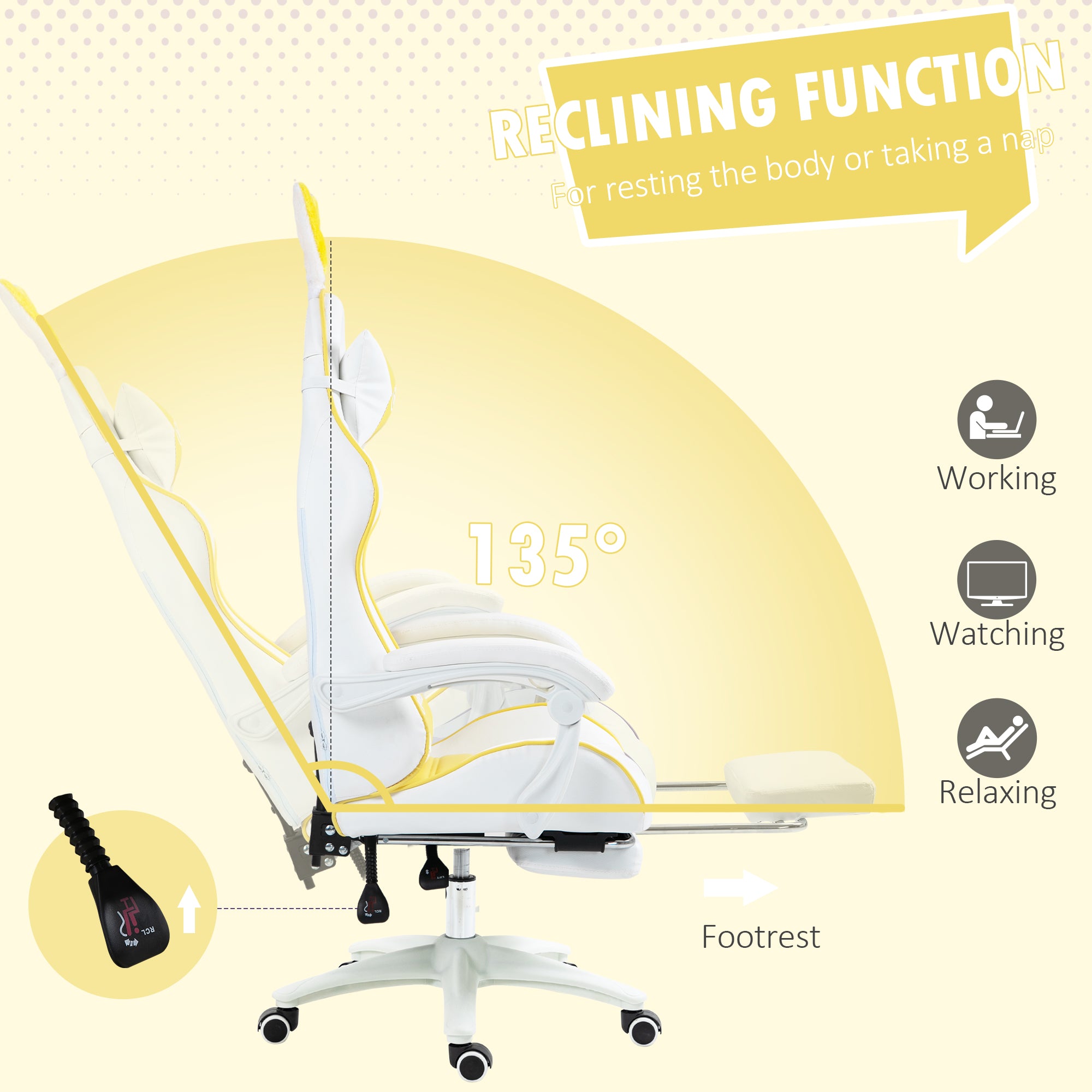 Vinsetto Racing Gaming Chair, Reclining PU Leather Computer Chair with Removable Rabbit Ears, Footrest, Headrest and Lumber Support, Yellow - North Peak Garden Furniture