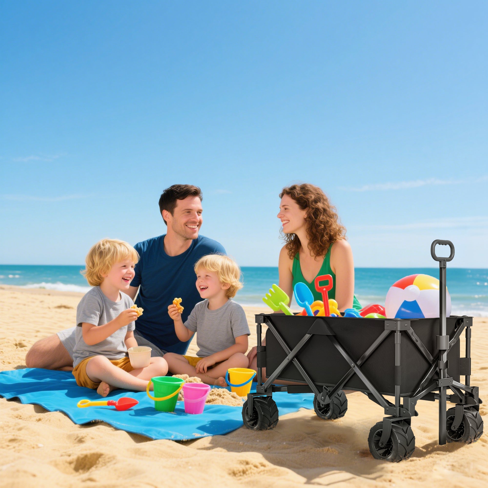 Outsunny Outdoor Folding Garden Trolley on Wheels, Capming Cargo Wagon Cart Trailer w/ Handle, Wheels for Beach Garden, Black