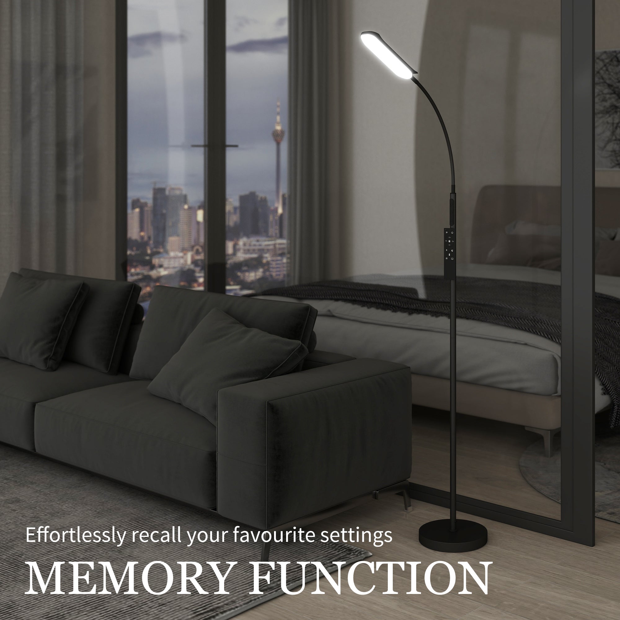 HOMCOM LED Floor Lamp, Standing Lamp with Remote & Touch Control, Stepless Dimmable Colours Temperature & Brightness, 360° Adjustable Gooseneck, 1 Hour Timer, Memory Function for Living Room, Black - North Peak Garden Furniture