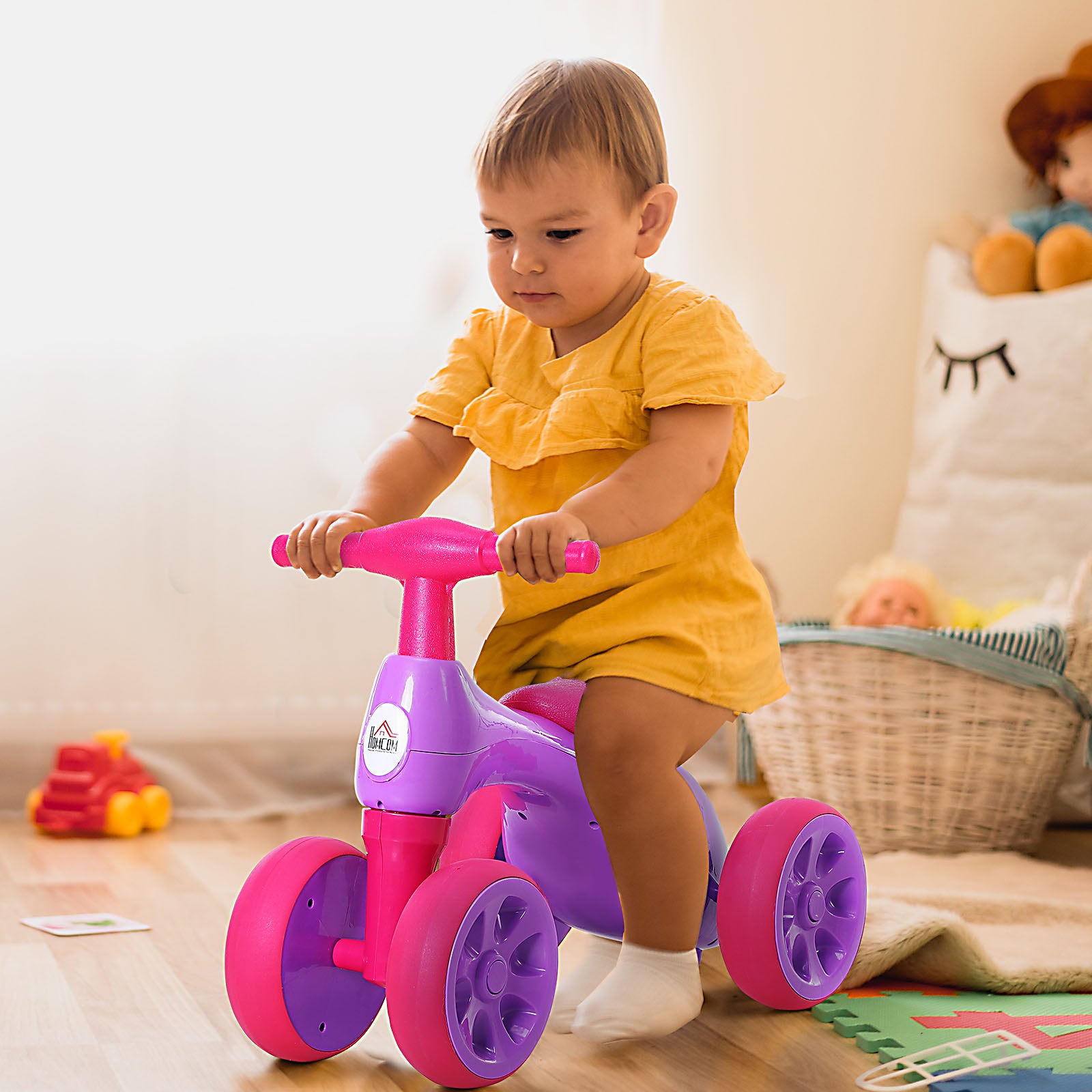 HOMCOM Baby Balance Bike Toddler Training Walker Smooth Rubber Wheels Ride on Toy Storage Bin Gift for Boys Girls Violet Fuchsia - North Peak Garden Furniture
