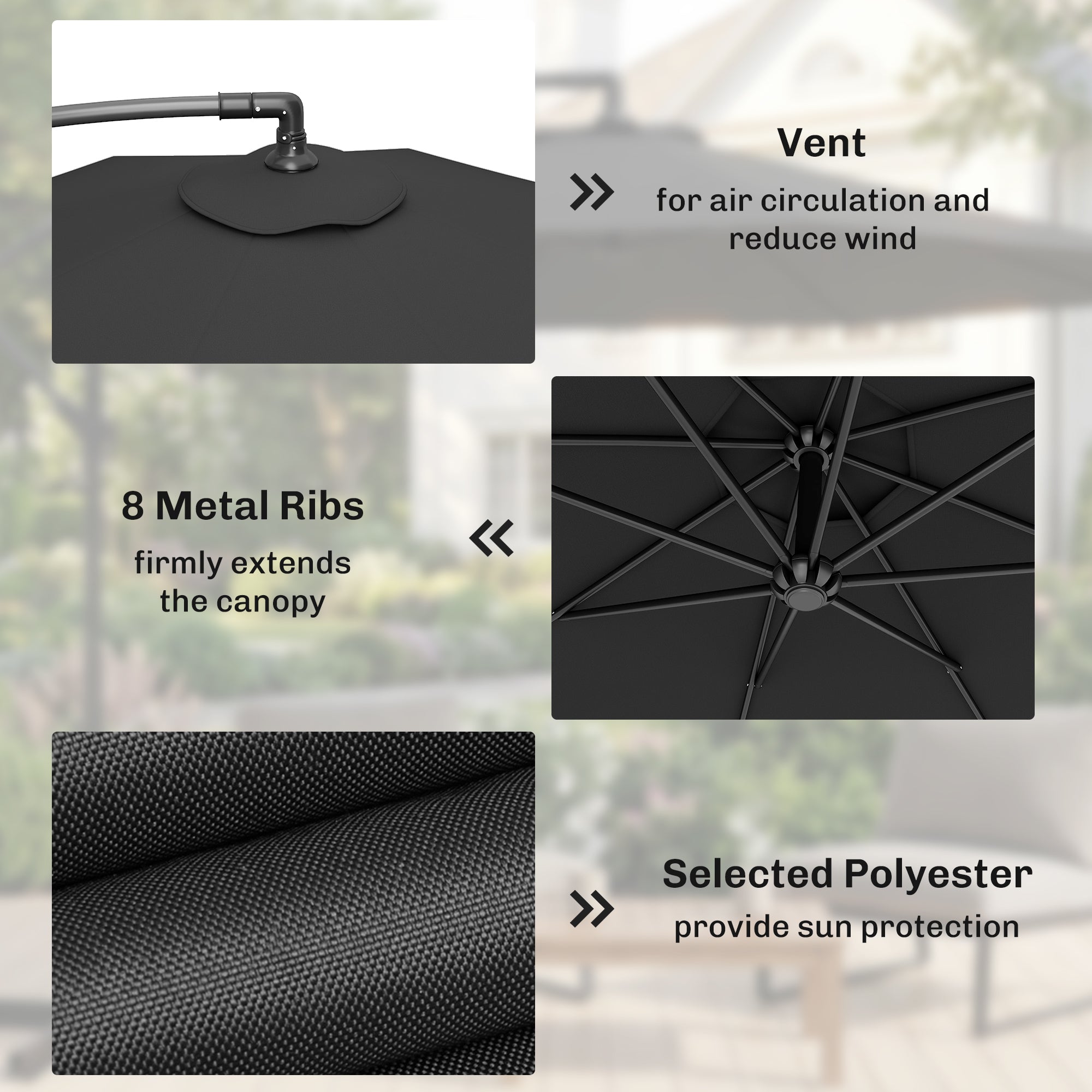 Outsunny 3m Overhanging Parasol, with Base, Weights and Cover - Black