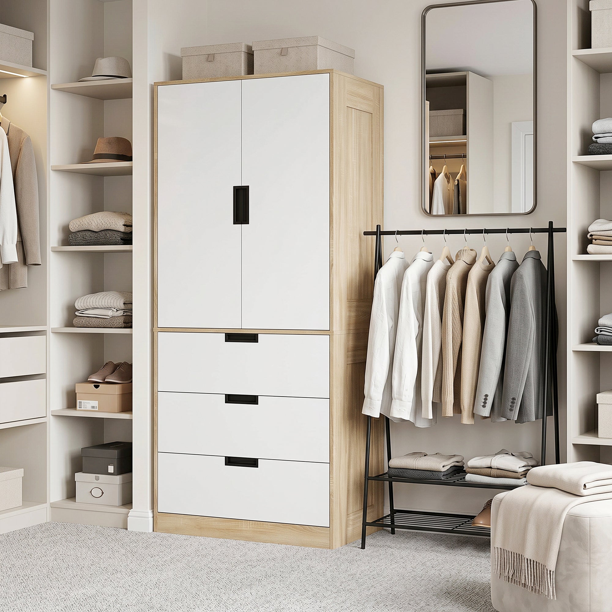 HOMCOM Modern Clothes Storage Cupboard Unit, 3 Drawer 2 Door Wardrobe with Hanging Rod, Oak