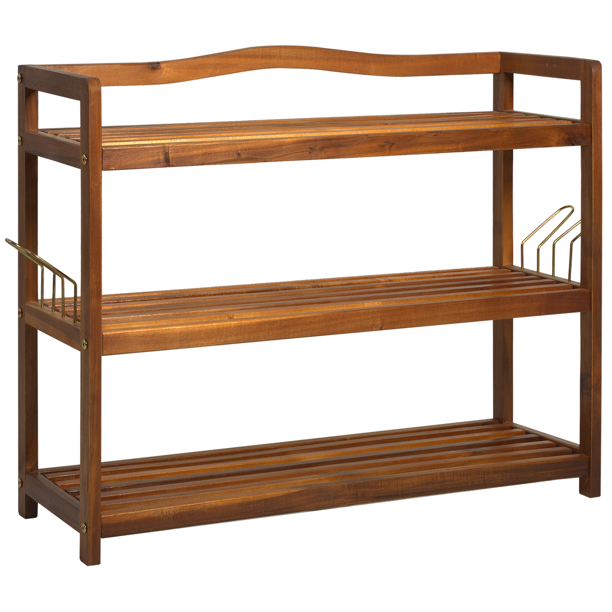HOMCOM 3-Tier Shoe Rack, Acacia Wooden Shoe Storage Organiser with 2 Hangers, Holds up to 12 Pairs, for Entryway, Living Room, 74 x 26 x 62 cm, Teak - North Peak Garden Furniture