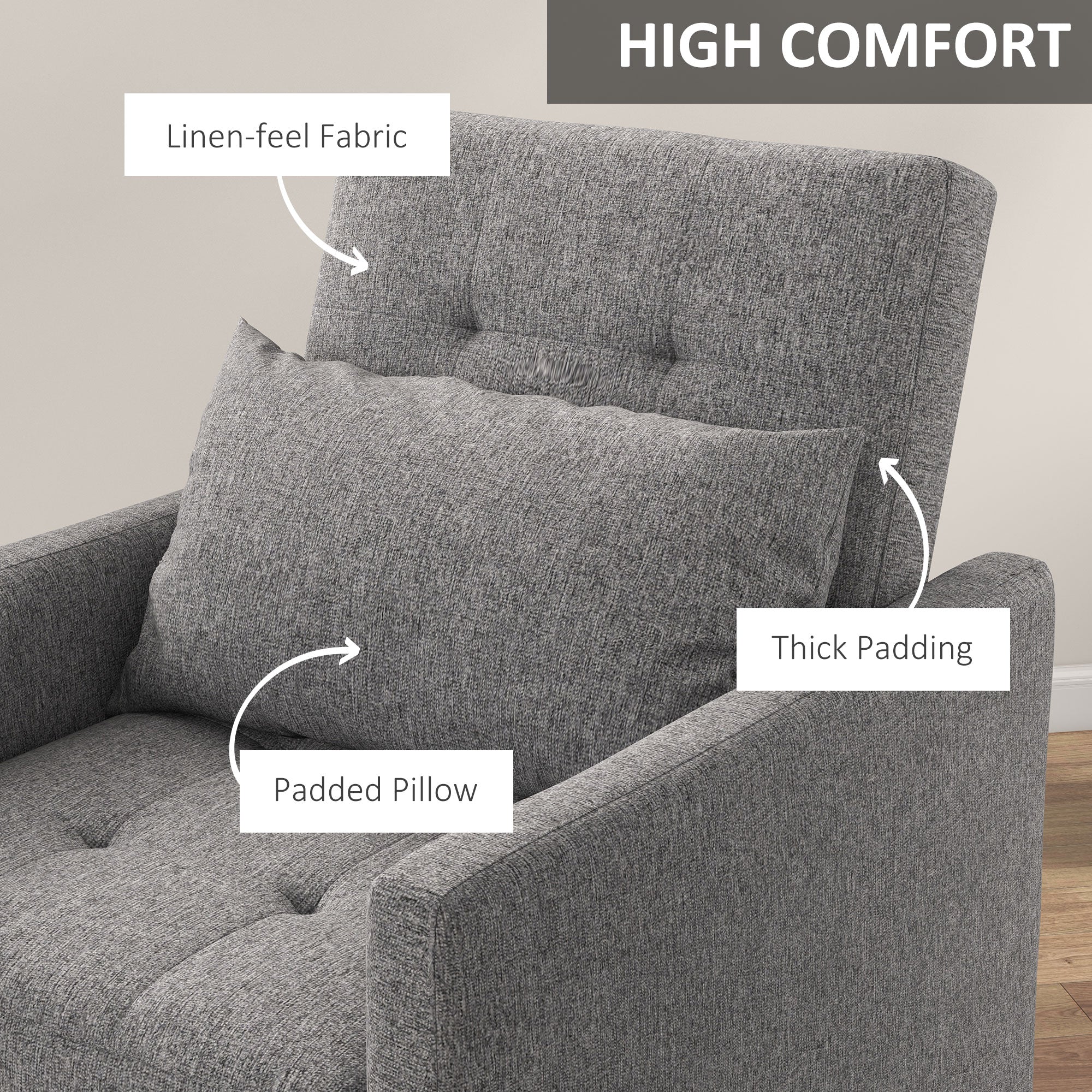 HOMCOM 3-In-1 Chair Bed, Convertible Sleeper Chair with Adjustable Backrest, Pillow and Footrest for Living Room, Grey - North Peak Garden Furniture