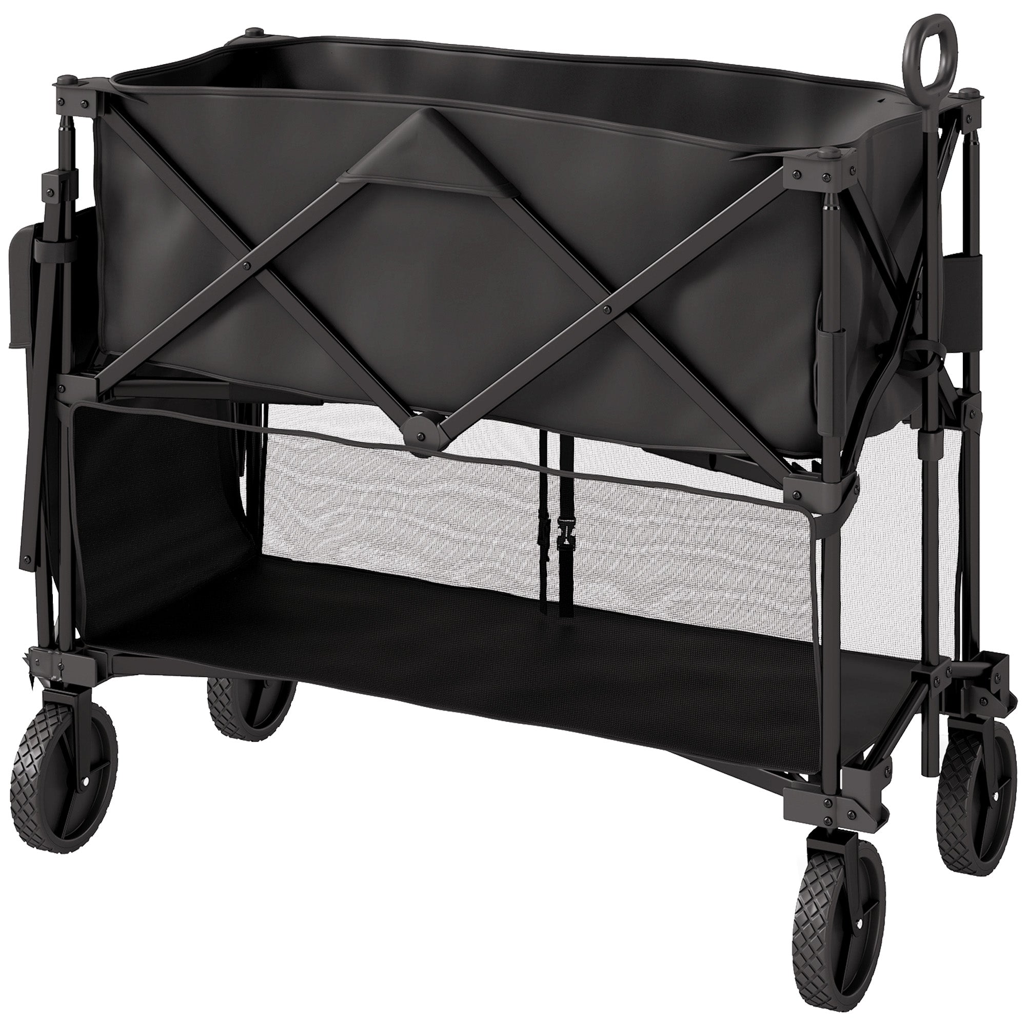 Outsunny Double Decker Folding Trolley on Wheels, 200KG & 350L Capacity Collapsible Wagon Festival Trolley Cart with 134cm Extended for Camping Sports Shopping Garden and Beach, Black - North Peak Garden Furniture