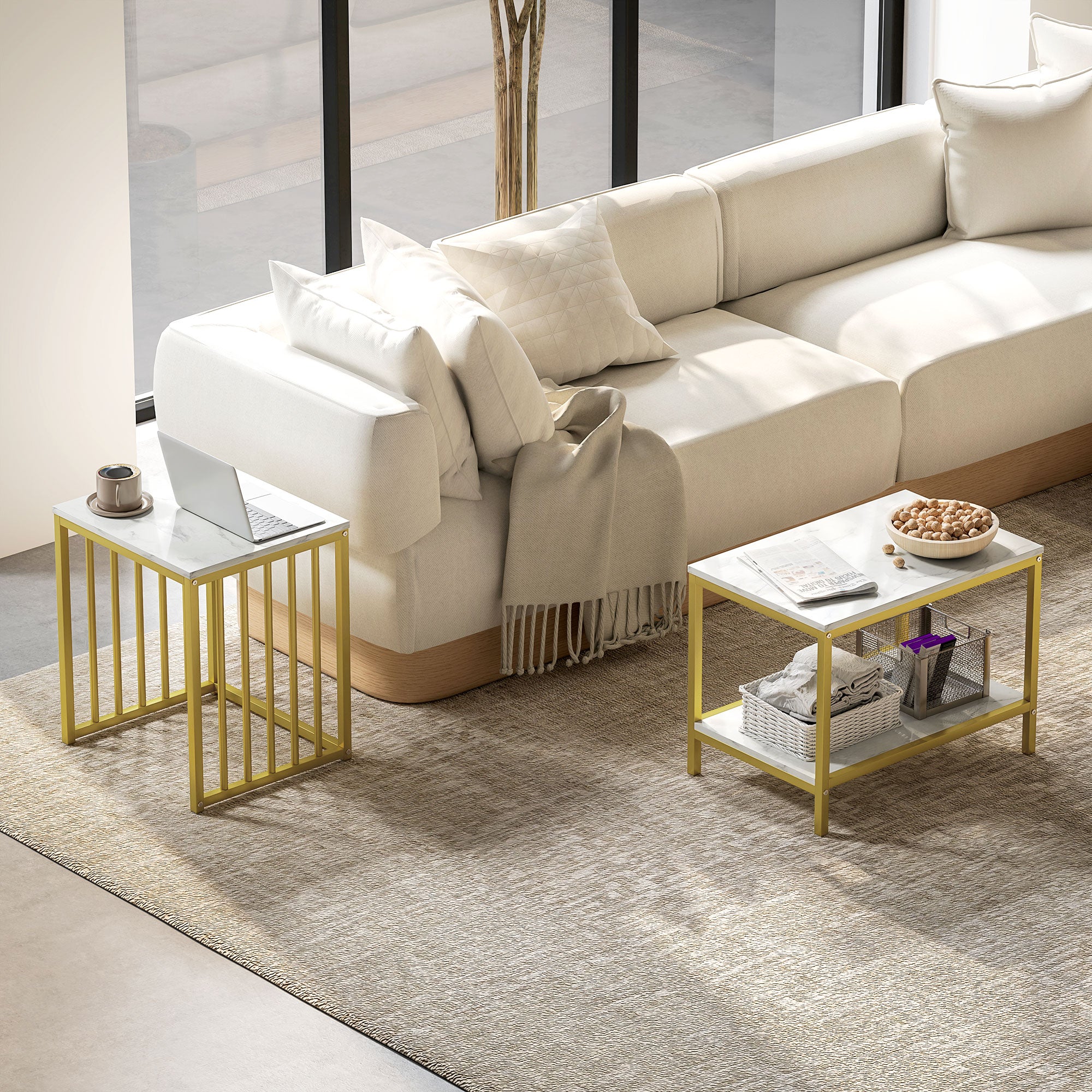 HOMCOM Modern Coffee Table Set of Two, Marble-Effect Nesting Side Tables with Steel Frame for Living Room, Gold Tone - North Peak Garden Furniture