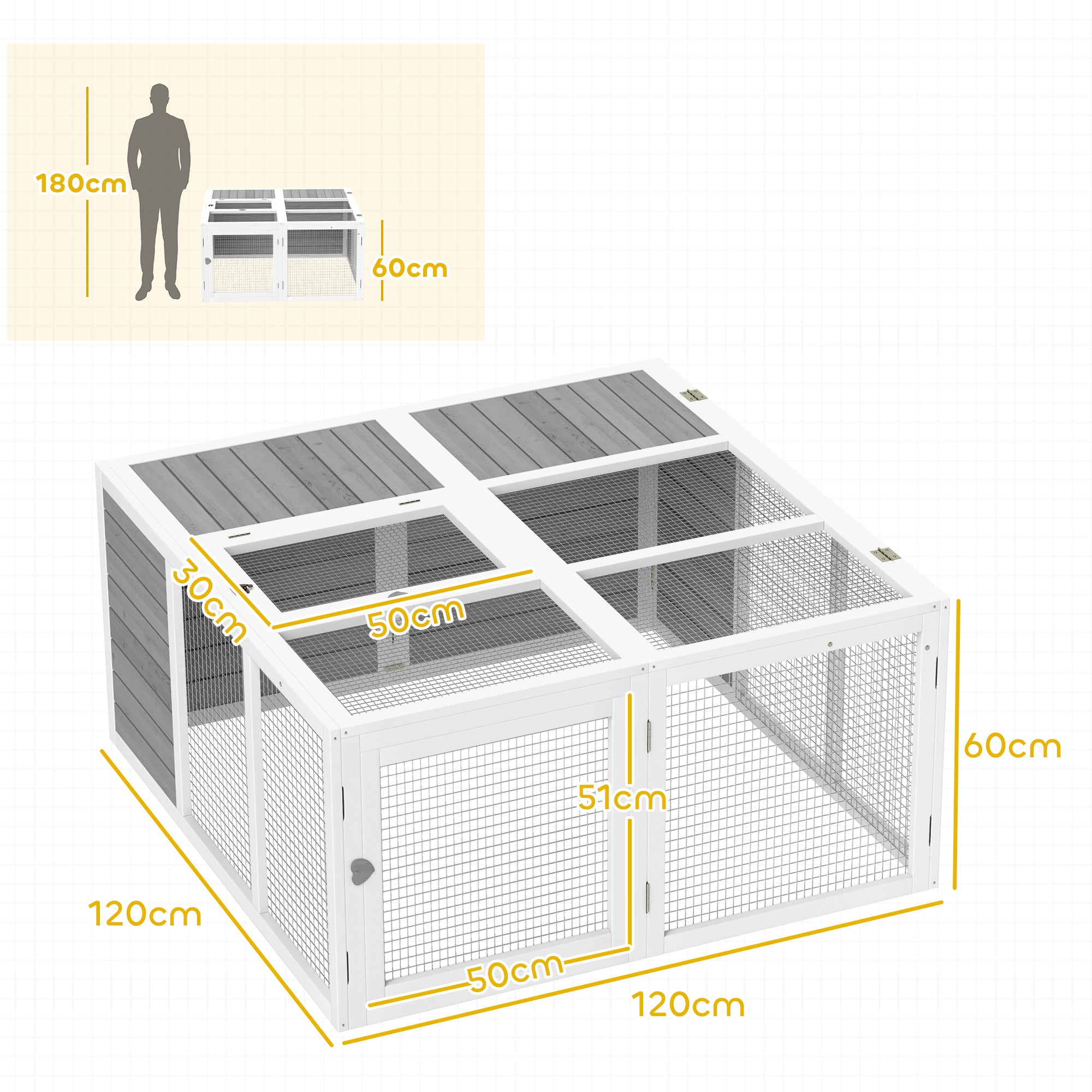 PawHut Rabbit Hutch with Openable Foldable Roof, Light Grey