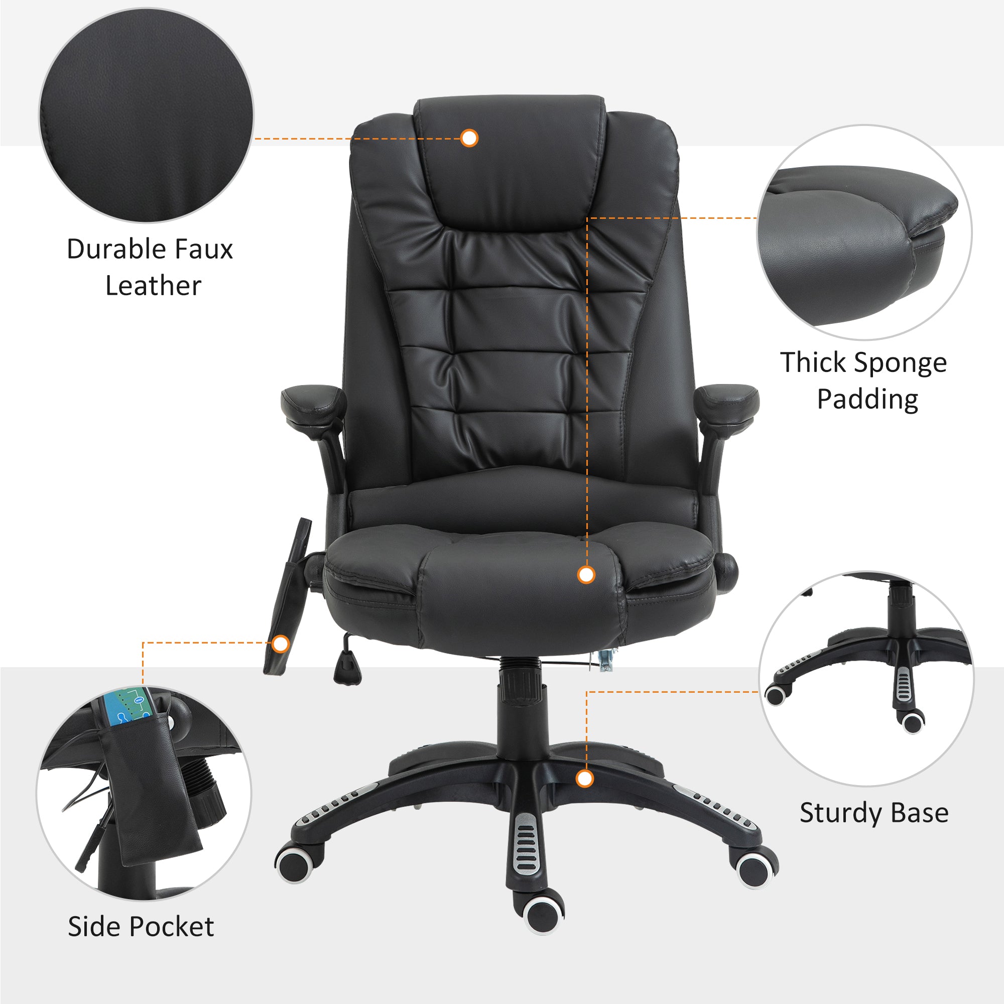 HOMCOM Executive Office Chair with Massage and Heat, High Back PU Leather Massage Office Chair with Adjustable Height, Black - North Peak Garden Furniture