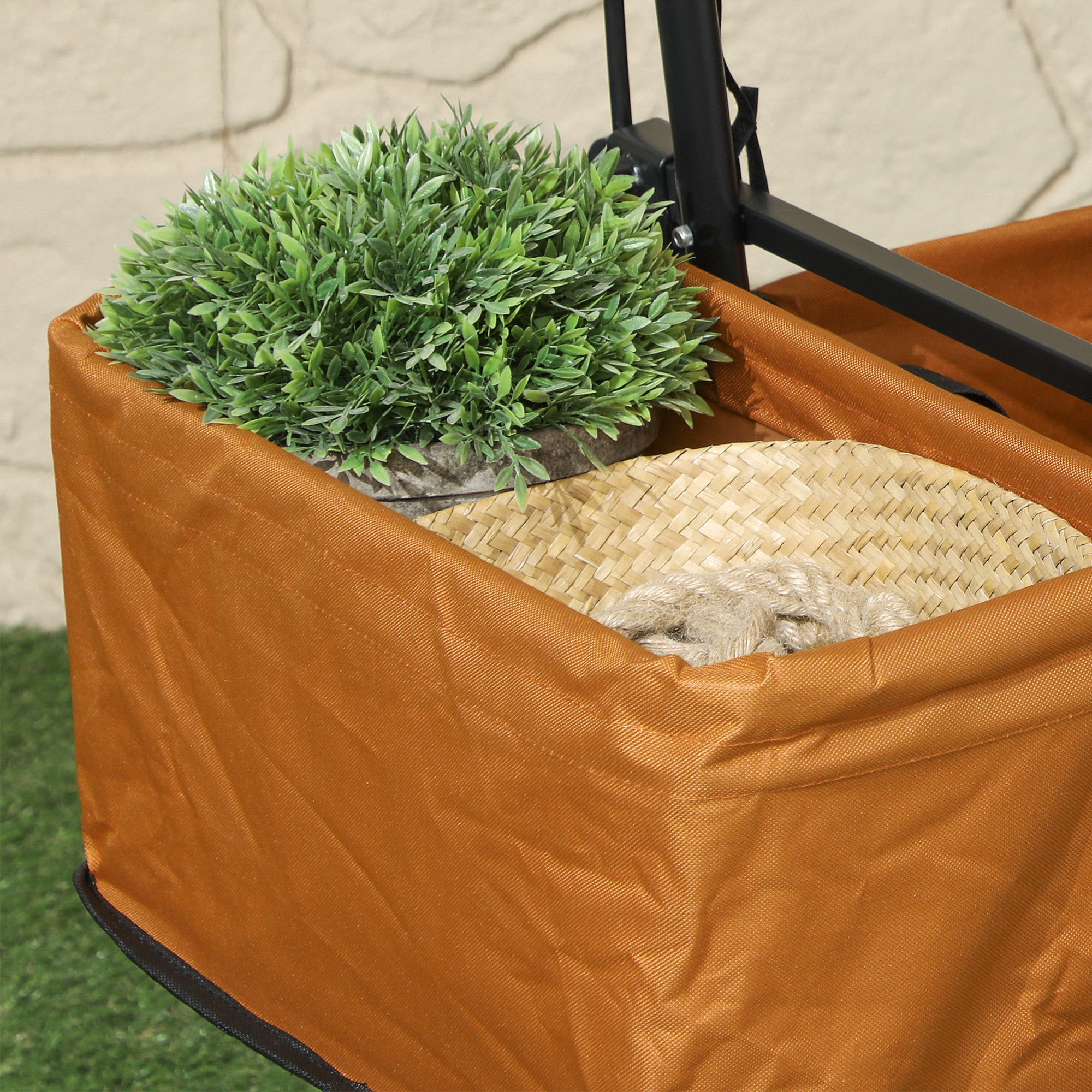 Outsunny Folding Trolley Cart Storage Wagon Beach Trailer 4 Wheels with Handle Overhead Canopy Cart Push Pull For Shopping Camping, Orange - North Peak Garden Furniture