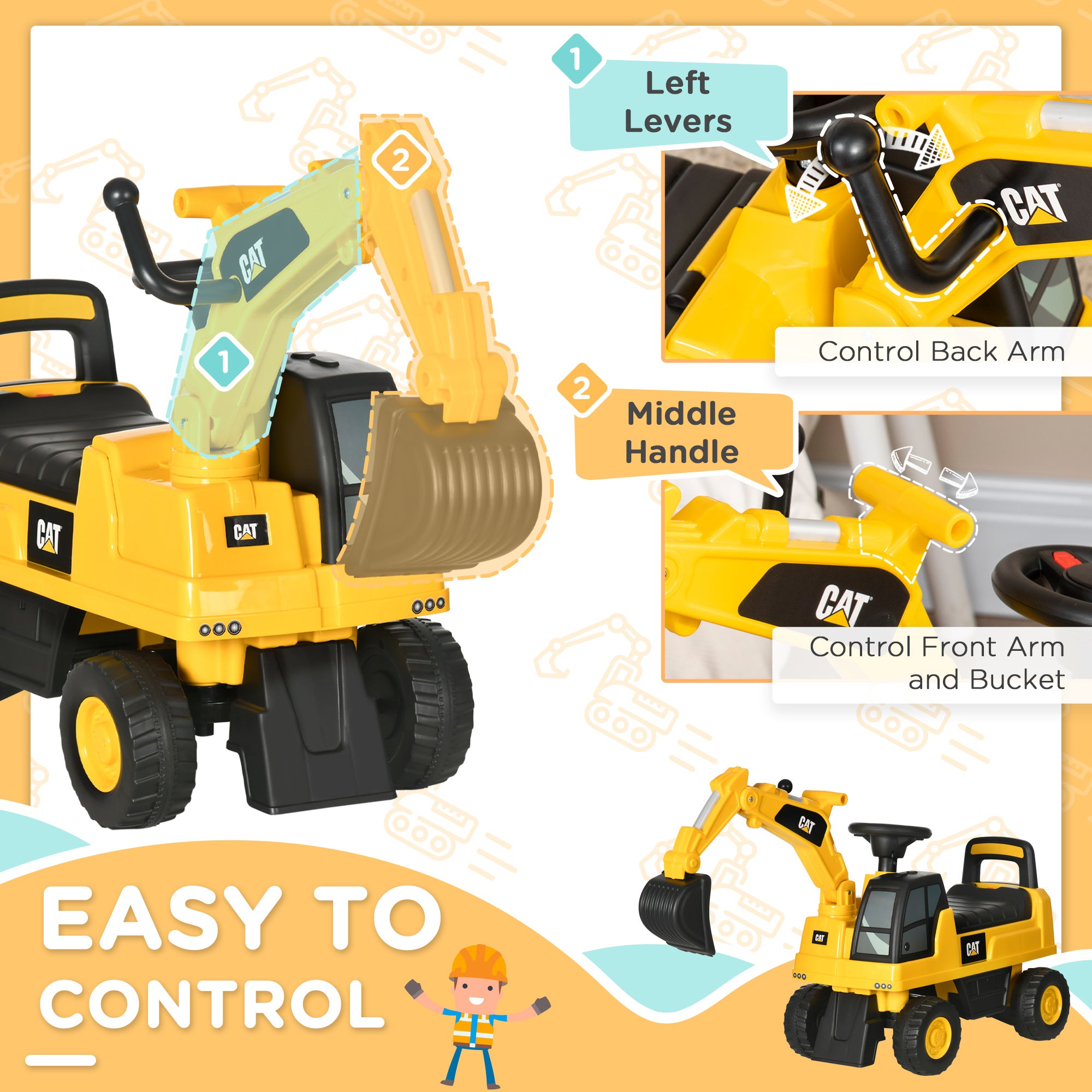 HOMCOM CAT Licensed Kids Ride on Digger Toddler Pretend Construction Play Toy Foot-To-Floor Ride-On Toy w/ Manual Shovel, Horn, Hidden Storage, for Ages 1-3 Years - North Peak Garden Furniture