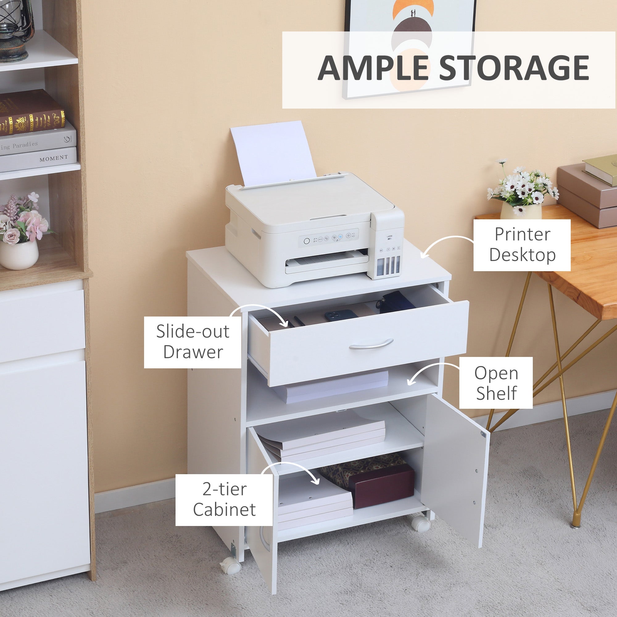 Vinsetto Printer Stand Mobile Printer Cabinet with Storage, Open Shelf, Drawer for Home Office, 60cm x 39cm x 80cm, White - North Peak Garden Furniture