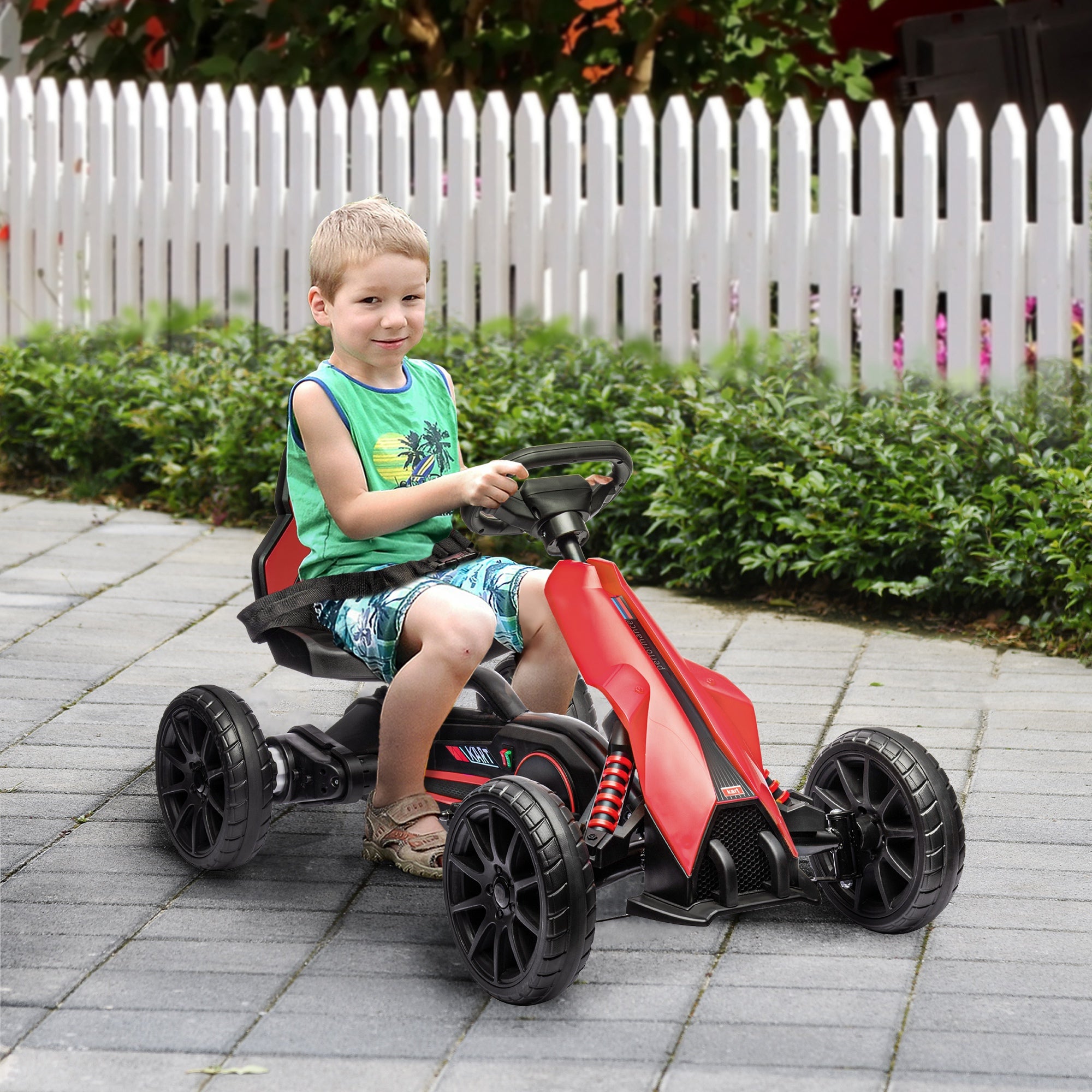 HOMCOM 12V Electric Go Kart for Kids, Ride-On Racing Go Kart with Forward Reversing, Rechargeable Battery, 2 Speeds, for Boys Girls Aged 3-8 Years Old - Red - North Peak Garden Furniture