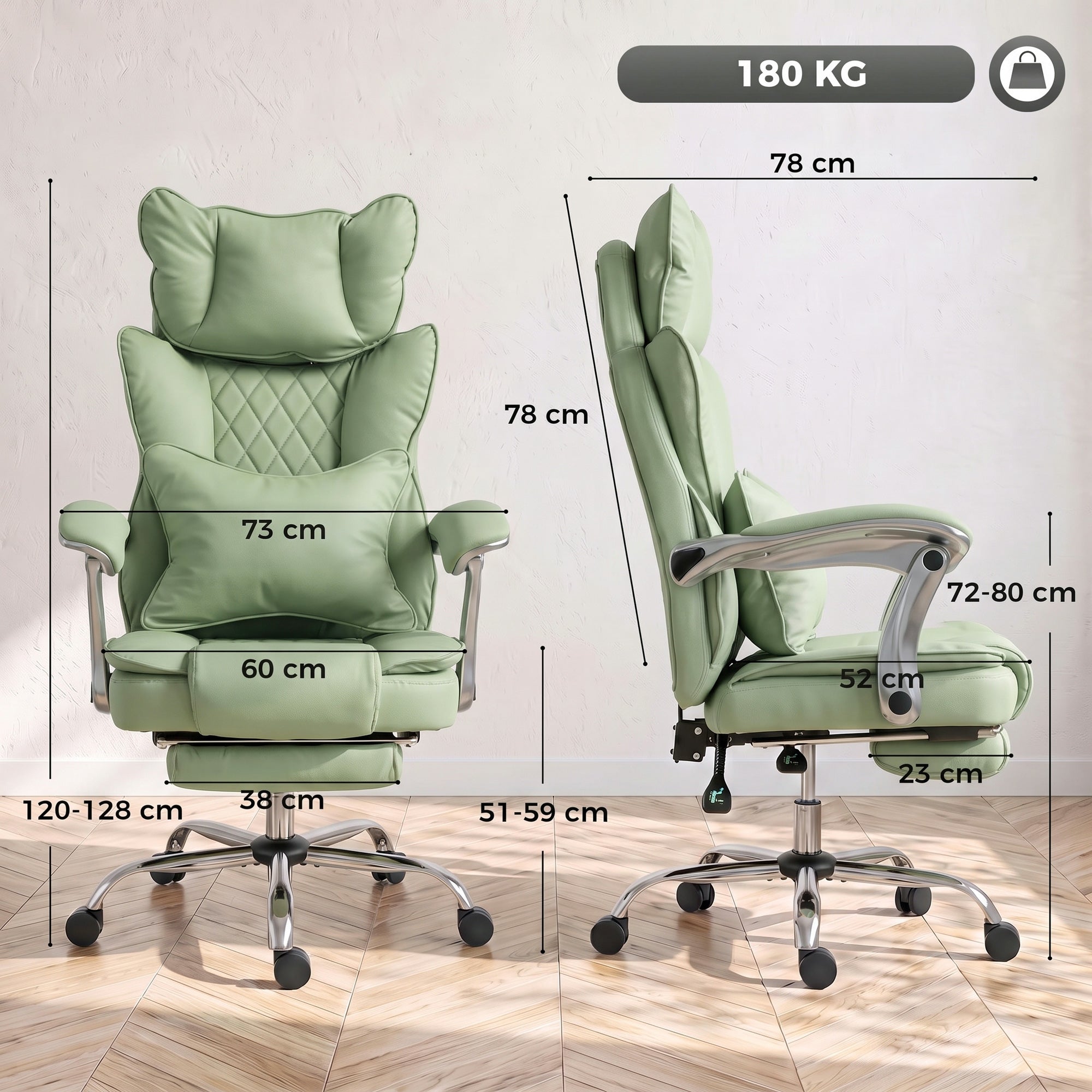 HOMCOM Executive Office Chair, PU Big and Tall Office Chair 180 kg with Wide Seat, Reclining, Lumbar Support, Light Green