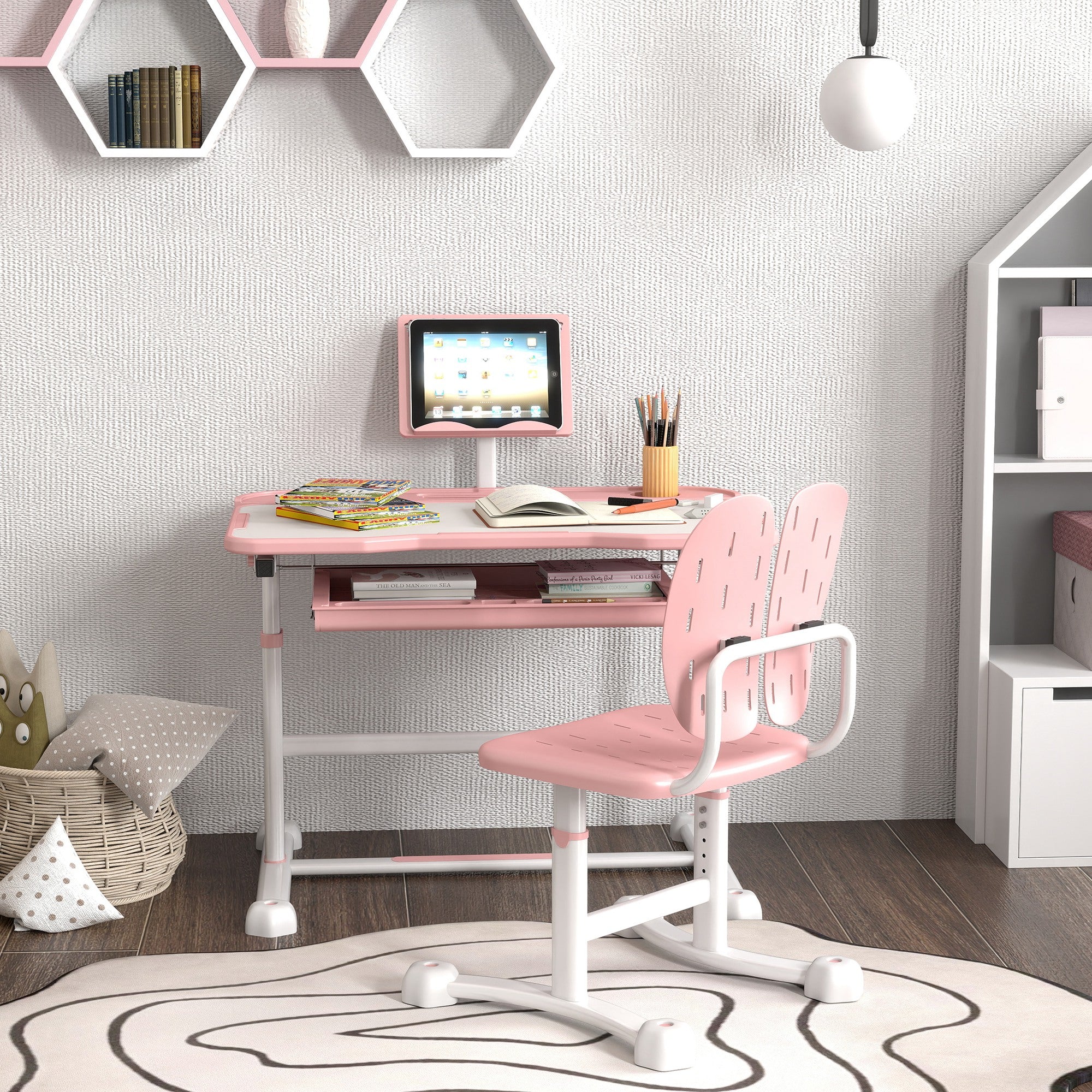 AIYAPLAY Height Adjustable Kids Desk and Chair Set, School Study Writing, Reading Table Chair Set w/ Tilted Desktop, Pink - North Peak Garden Furniture