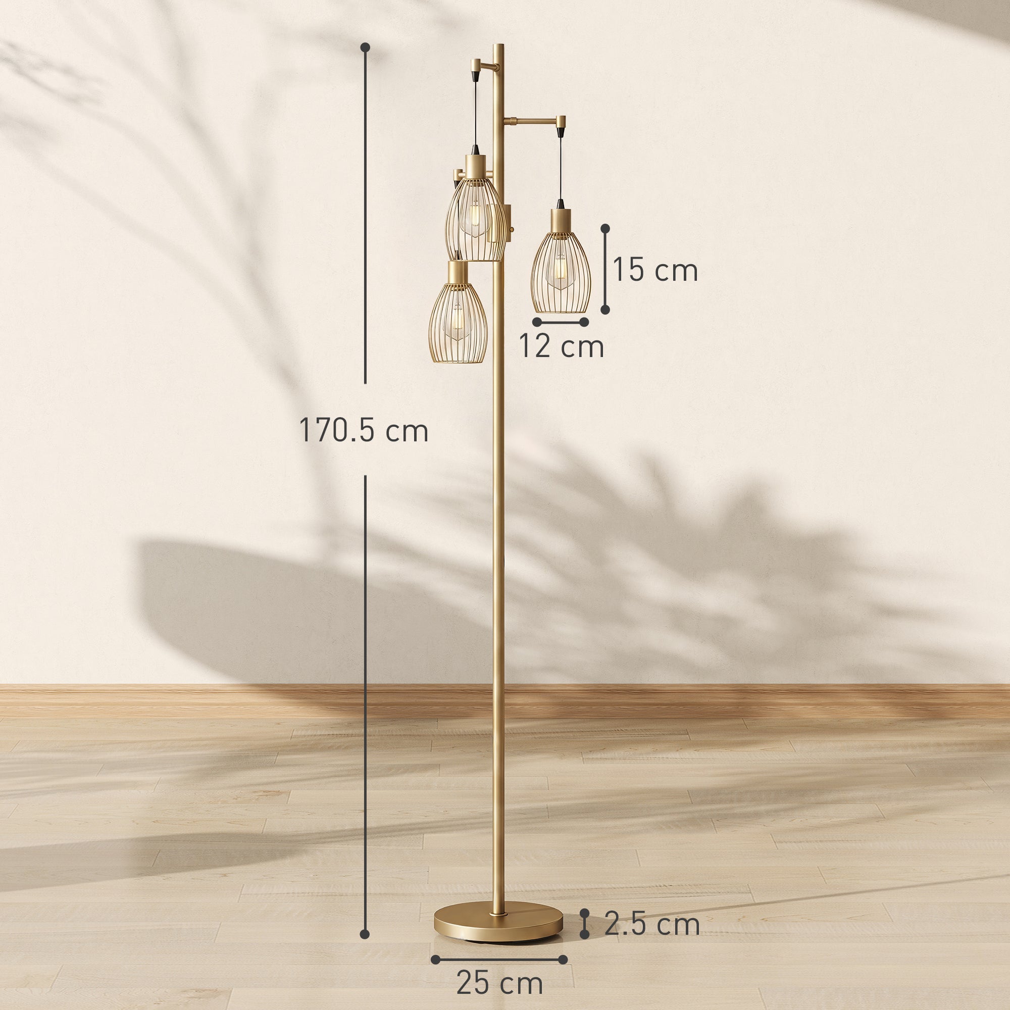 HOMCOM 170.5cm Industrial Dimmable Standing Lamp, 3-Light Floor Lamp with Steel Wire Cage Lampshades, Gold Tone