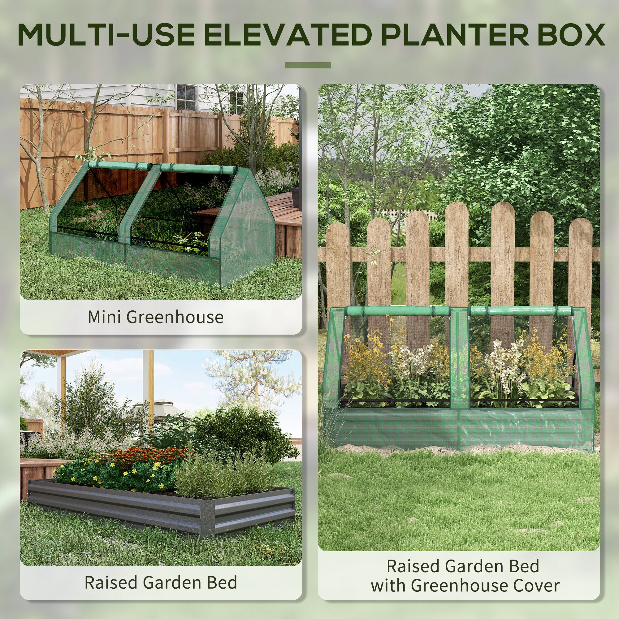 Outsunny Metal Planter Box with Cover, Raised Garden Bed with Greenhouse, for Herbs and Vegetables, Green and Dark Grey - North Peak Garden Furniture