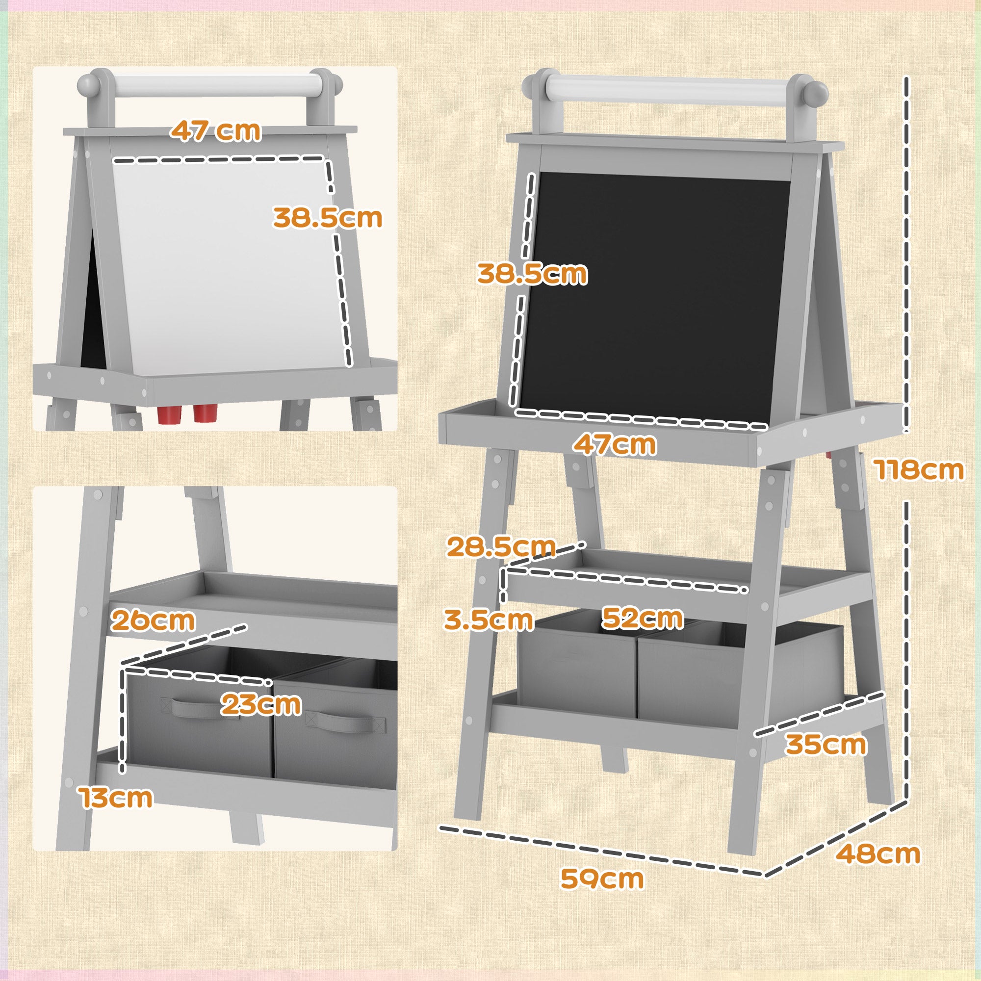 AIYAPLAY 3 in 1 Kids Easel Double-Sided Magnetic Whiteboard and Chalkboard with Paper Roll, Storage Baskets - Grey - North Peak Garden Furniture