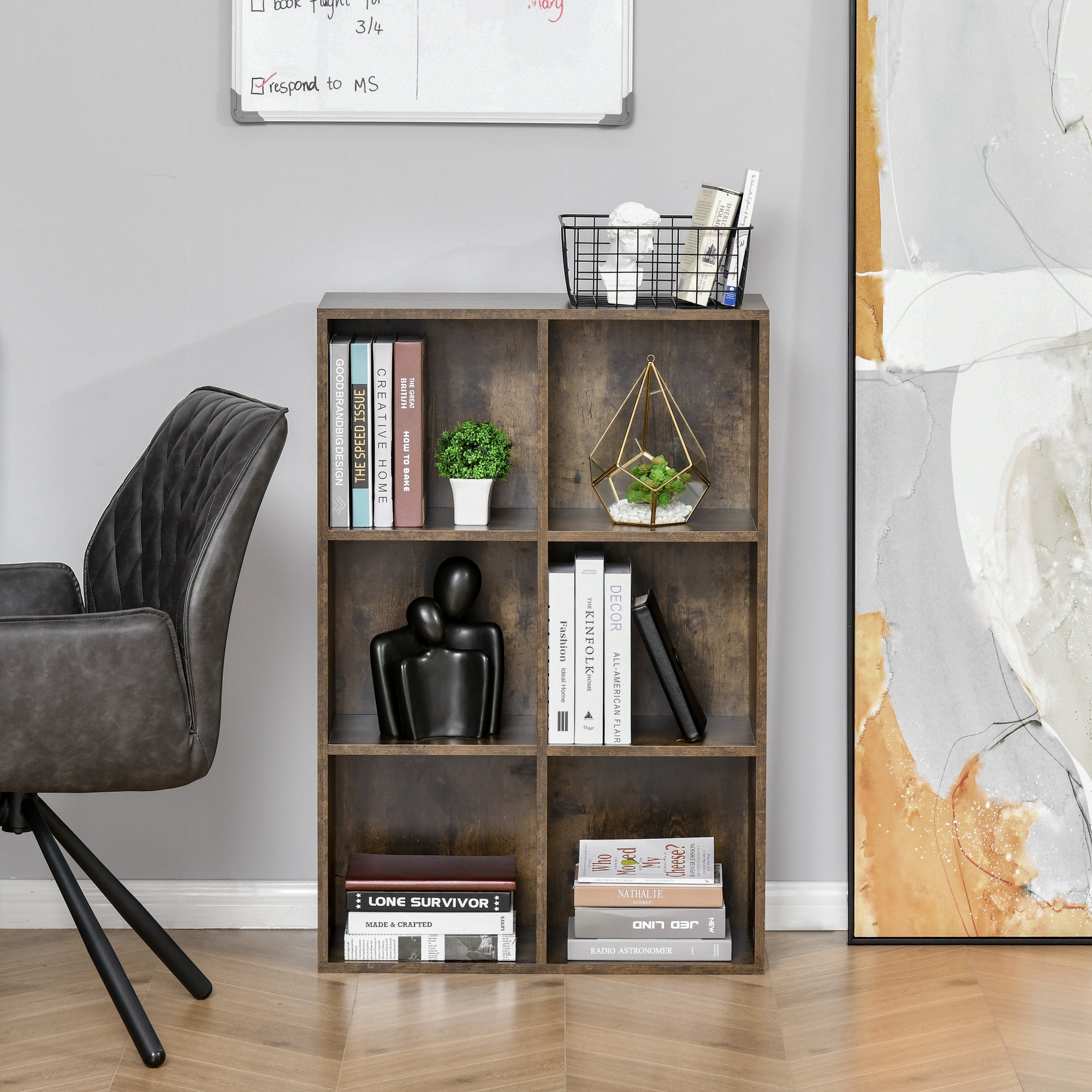 HOMCOM Six-Cube Bookcase - Rustic Brown Wood Effect